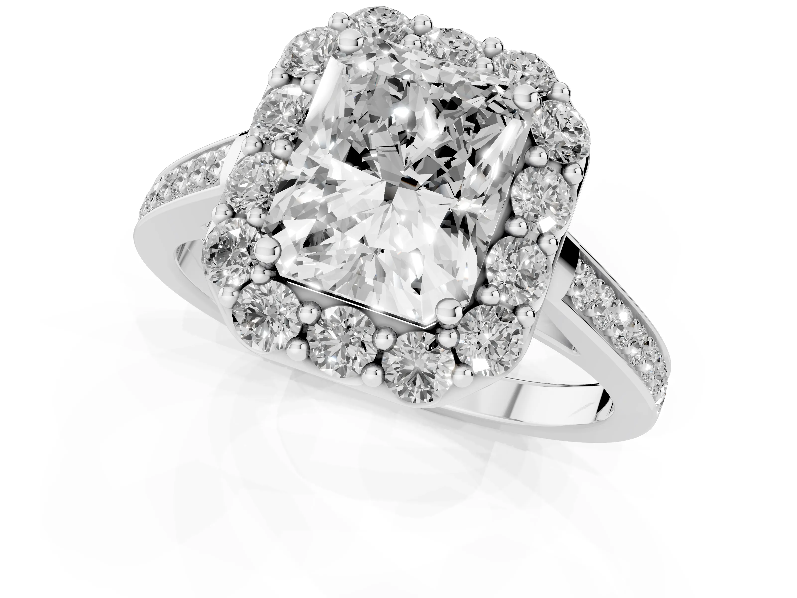 Radiant Cut Diamond Floral Halo Ring Set in Platinum with Pavé Band and Prong Setting