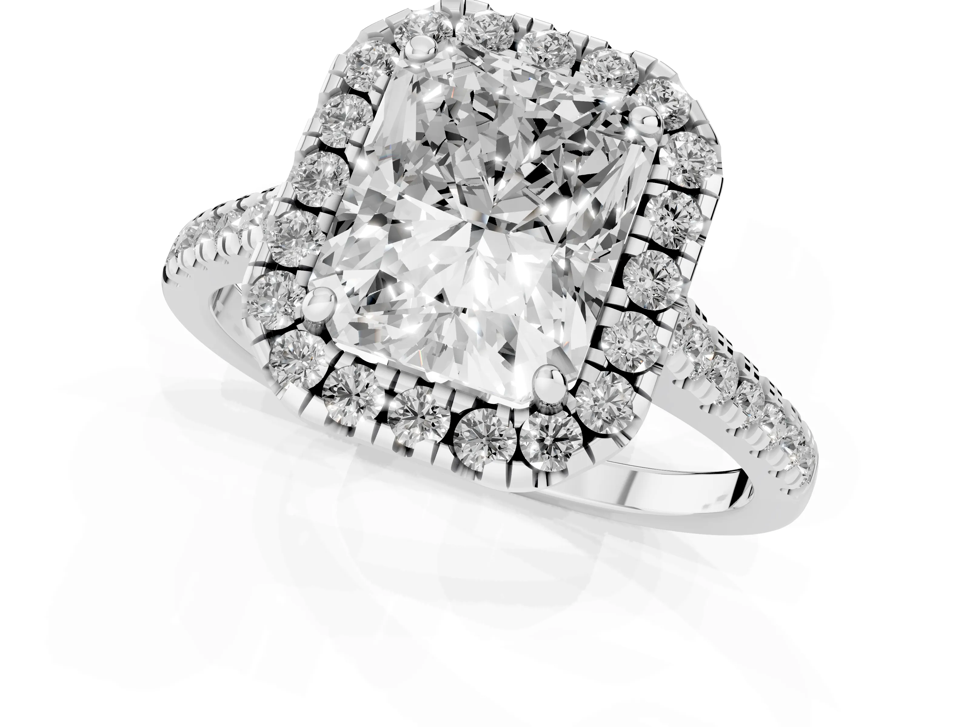 Radiant Cut Diamond Cushion Halo Ring Set in White gold with Pavé Band – second view