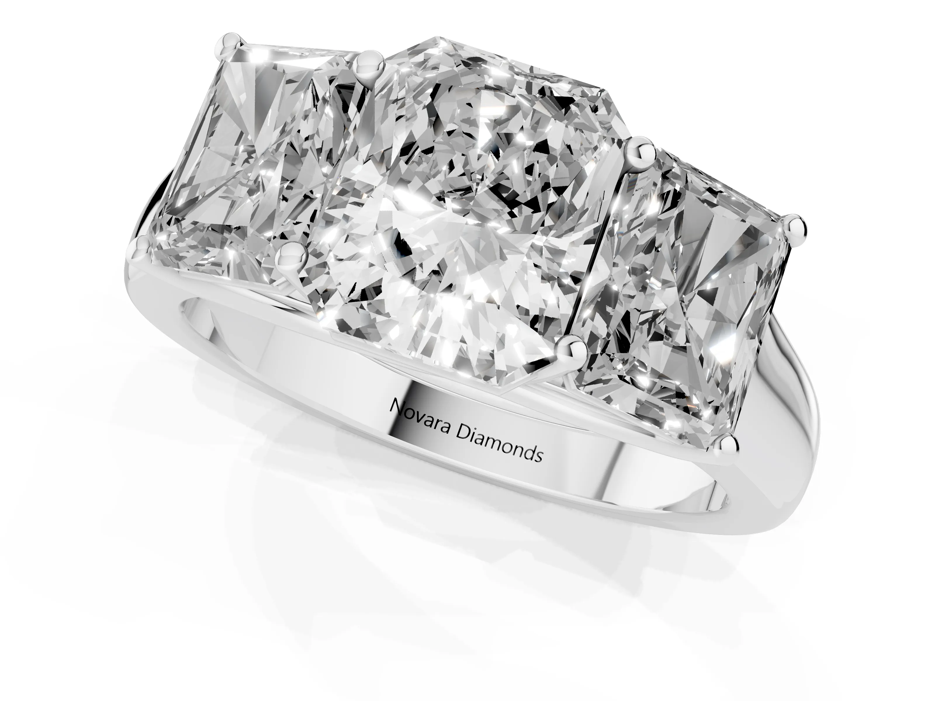 Radiant Cut Diamond Three-Stone Ring Set in White gold with Plain Polished Band