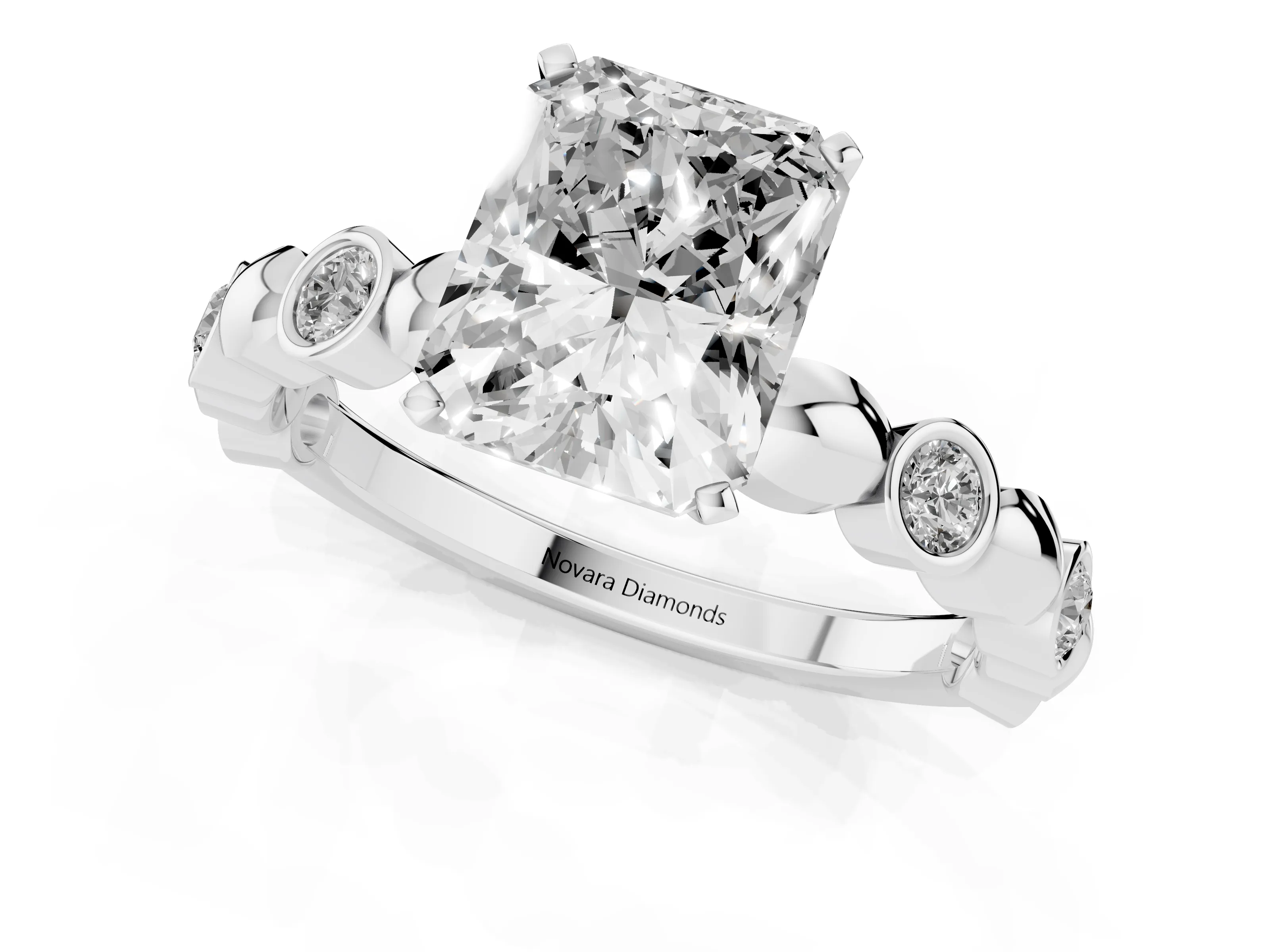 Radiant Cut Diamond Solitaire Ring Set in Silver with Bezel-Set Accents on Beaded Band and Prong Setting