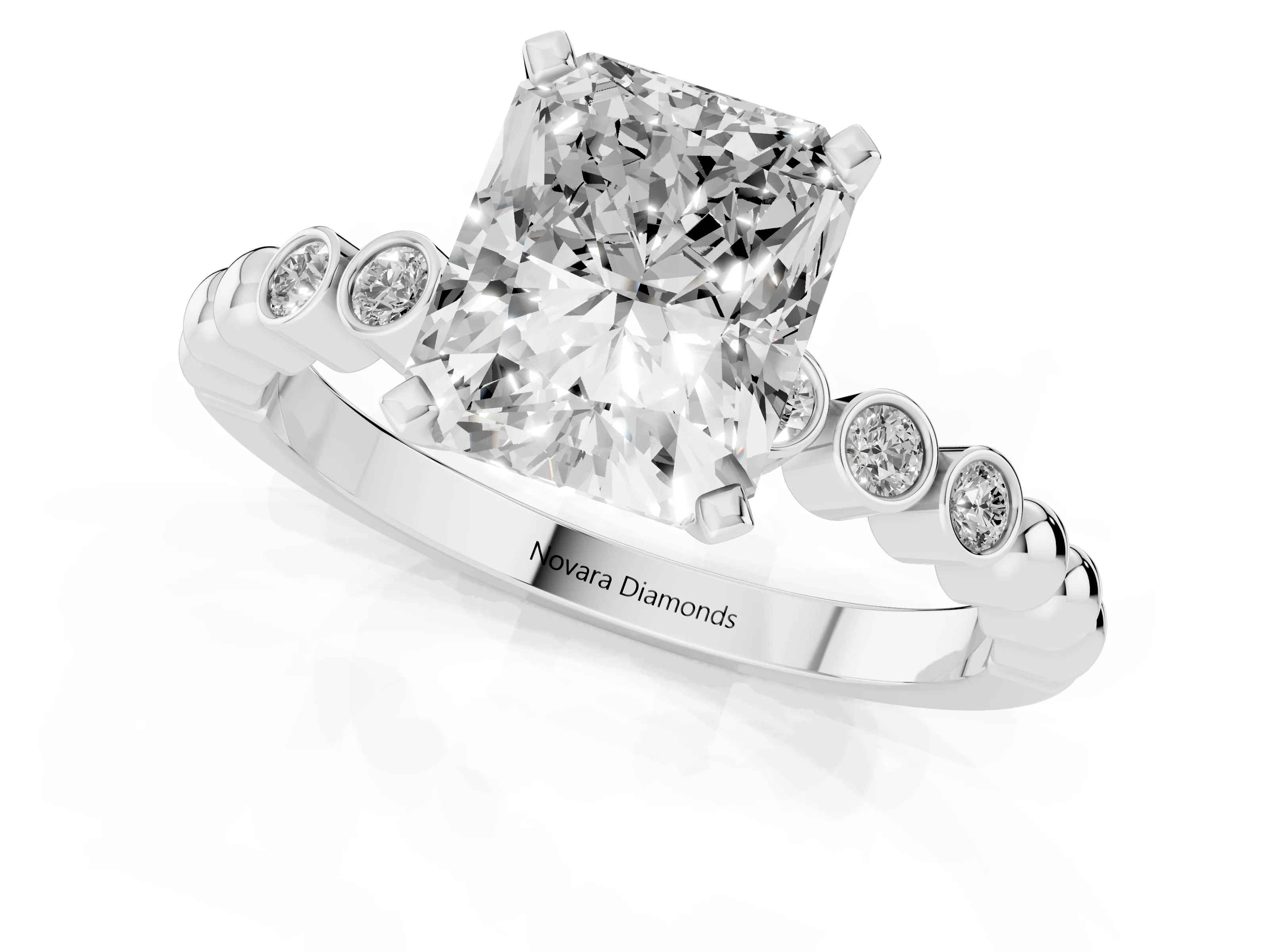 Radiant Cut Diamond Solitaire Engagement Ring Set in White gold with Bezel Accents on Beaded Band