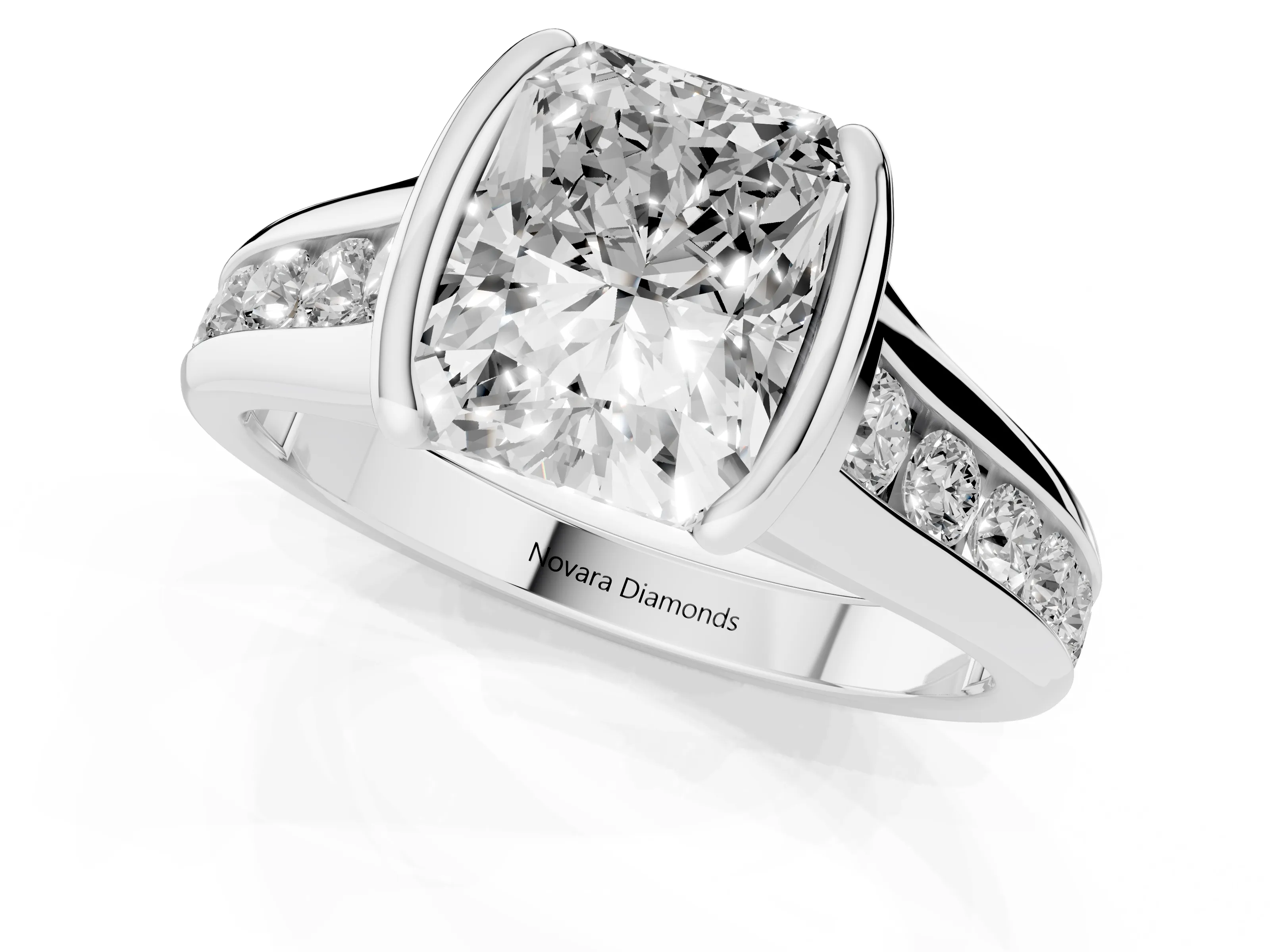 Radiant Cut Diamond Bezel-Set Solitaire Ring Set in White gold with Channel-Set Band