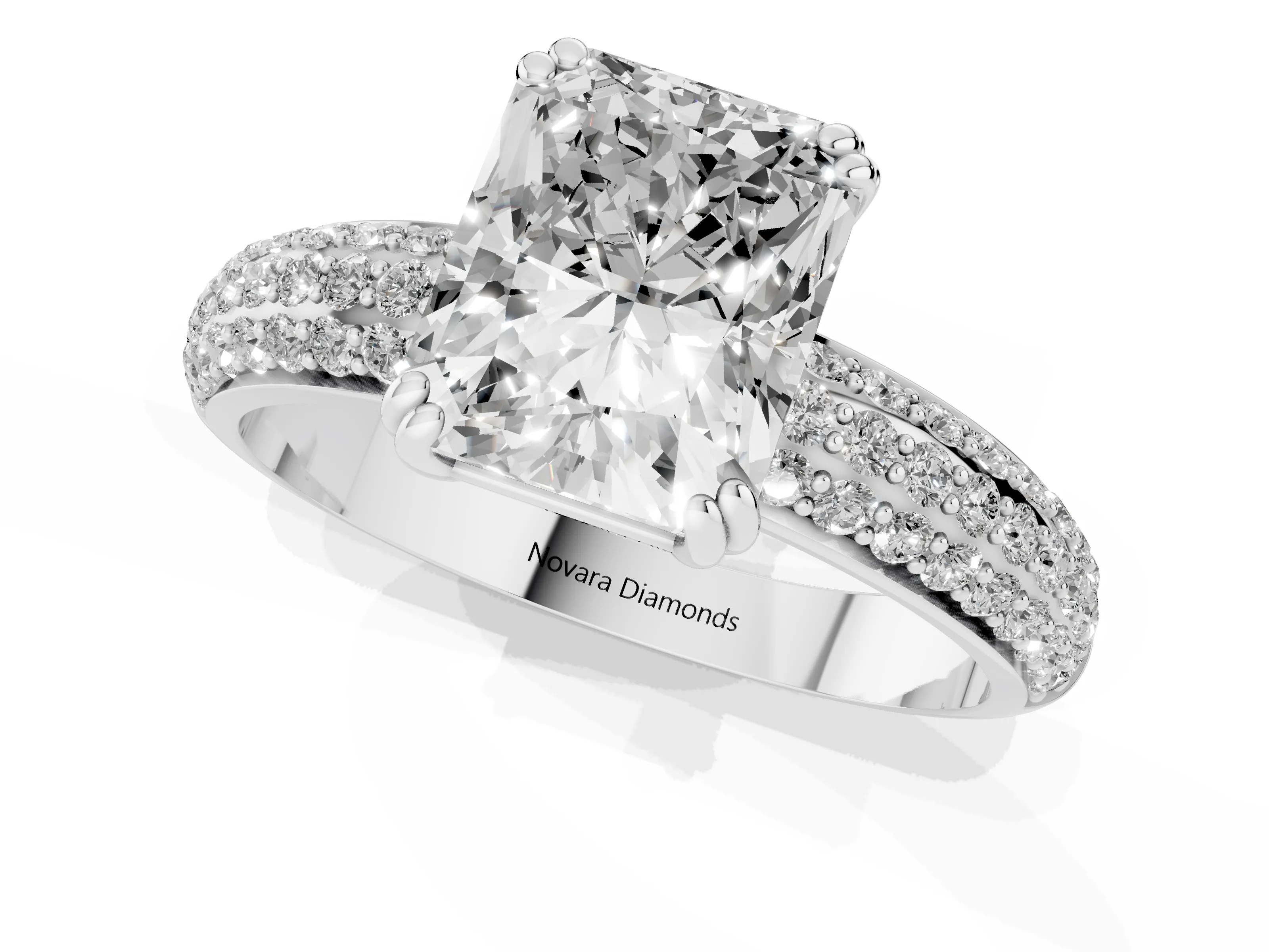 Radiant Cut Diamond Solitaire Ring Set in Platinum with Multi-Row Round Pavé Band and Prong Setting