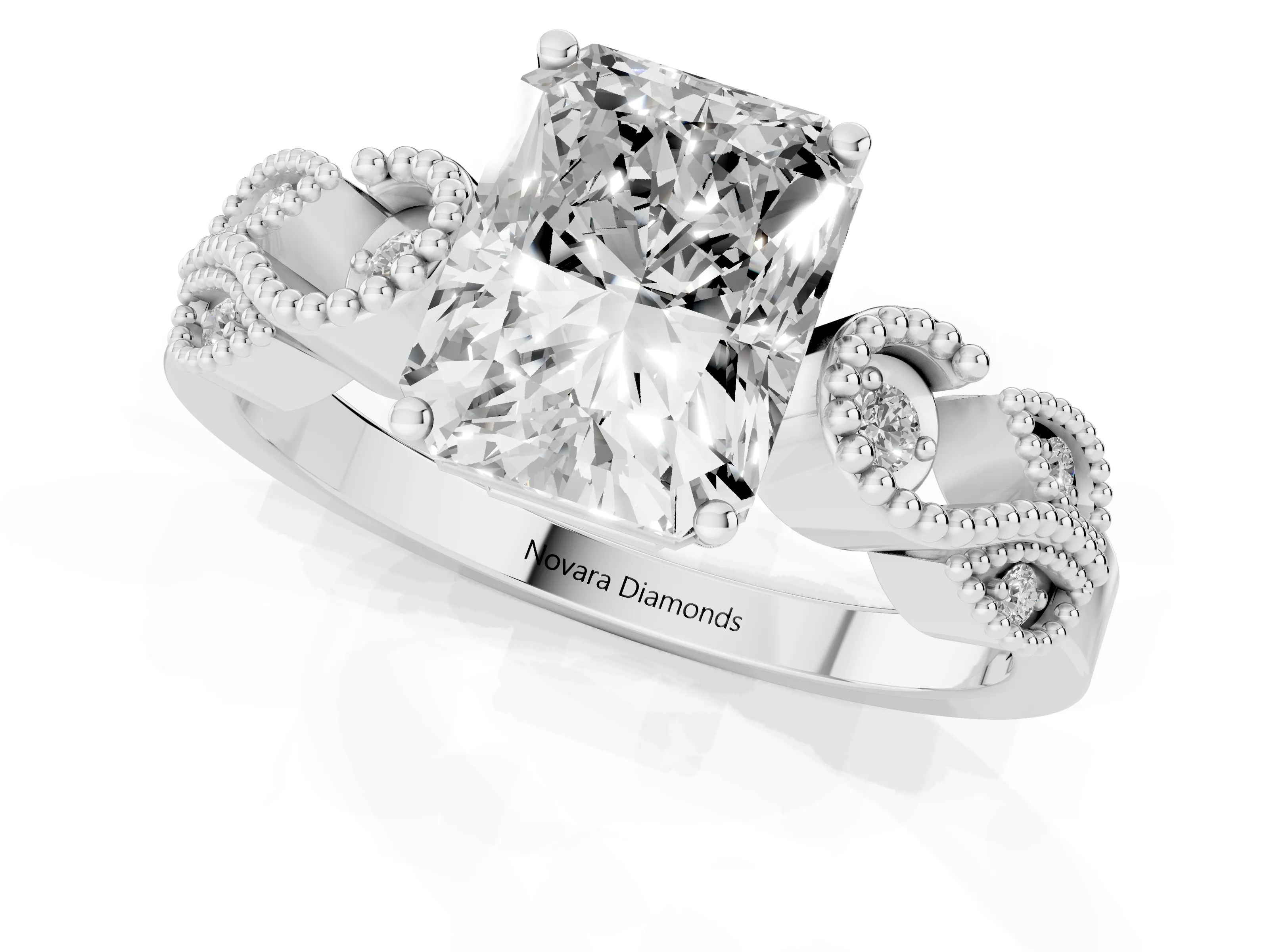 Radiant Cut Diamond Milgrain Leaf Band Solitaire Ring Set in Silver with Accent Stones and Prong Setting