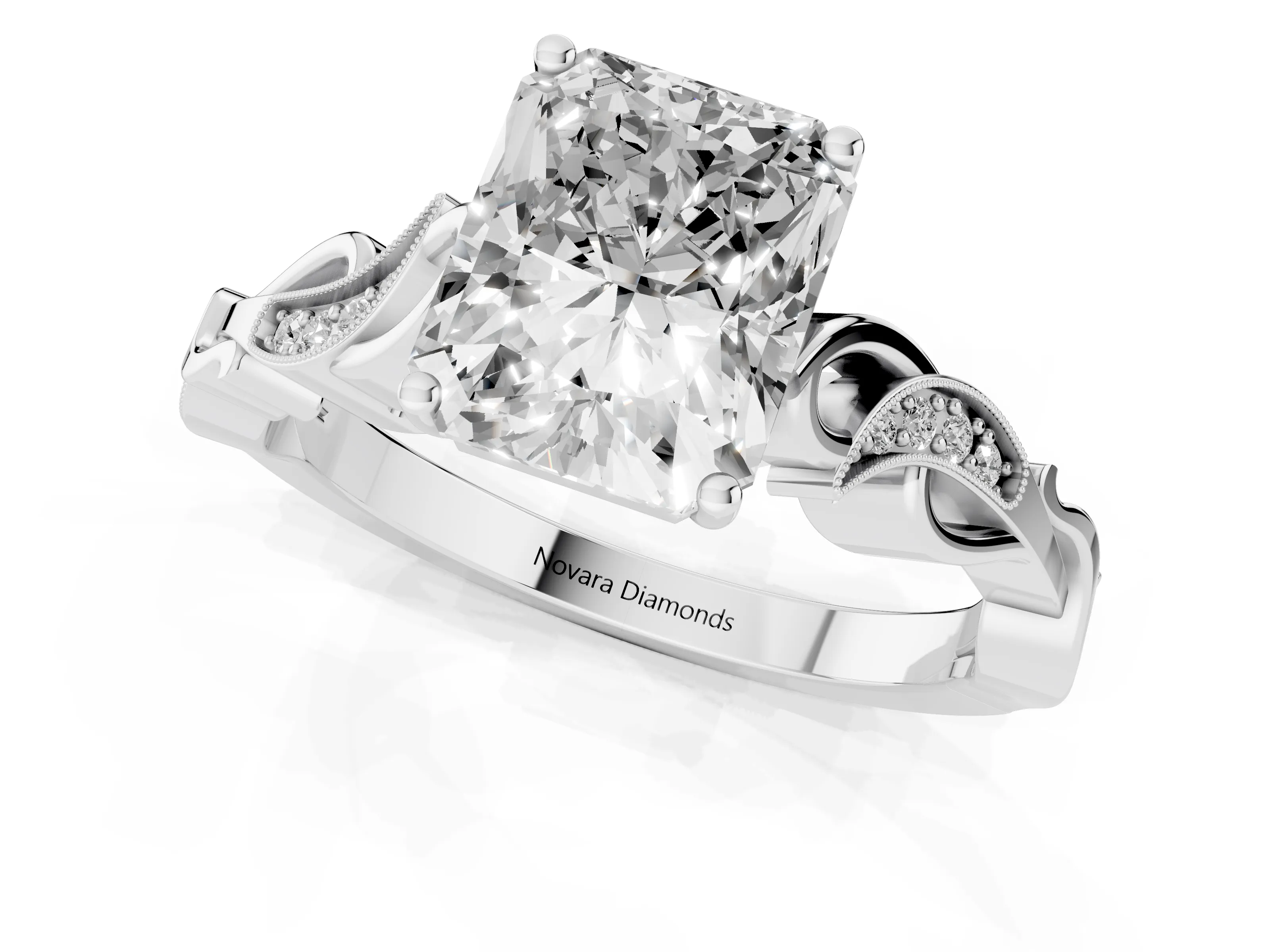 Radiant Cut Diamond Vine Band Solitaire Ring Set in Platinum with Milgrain Prong Setting