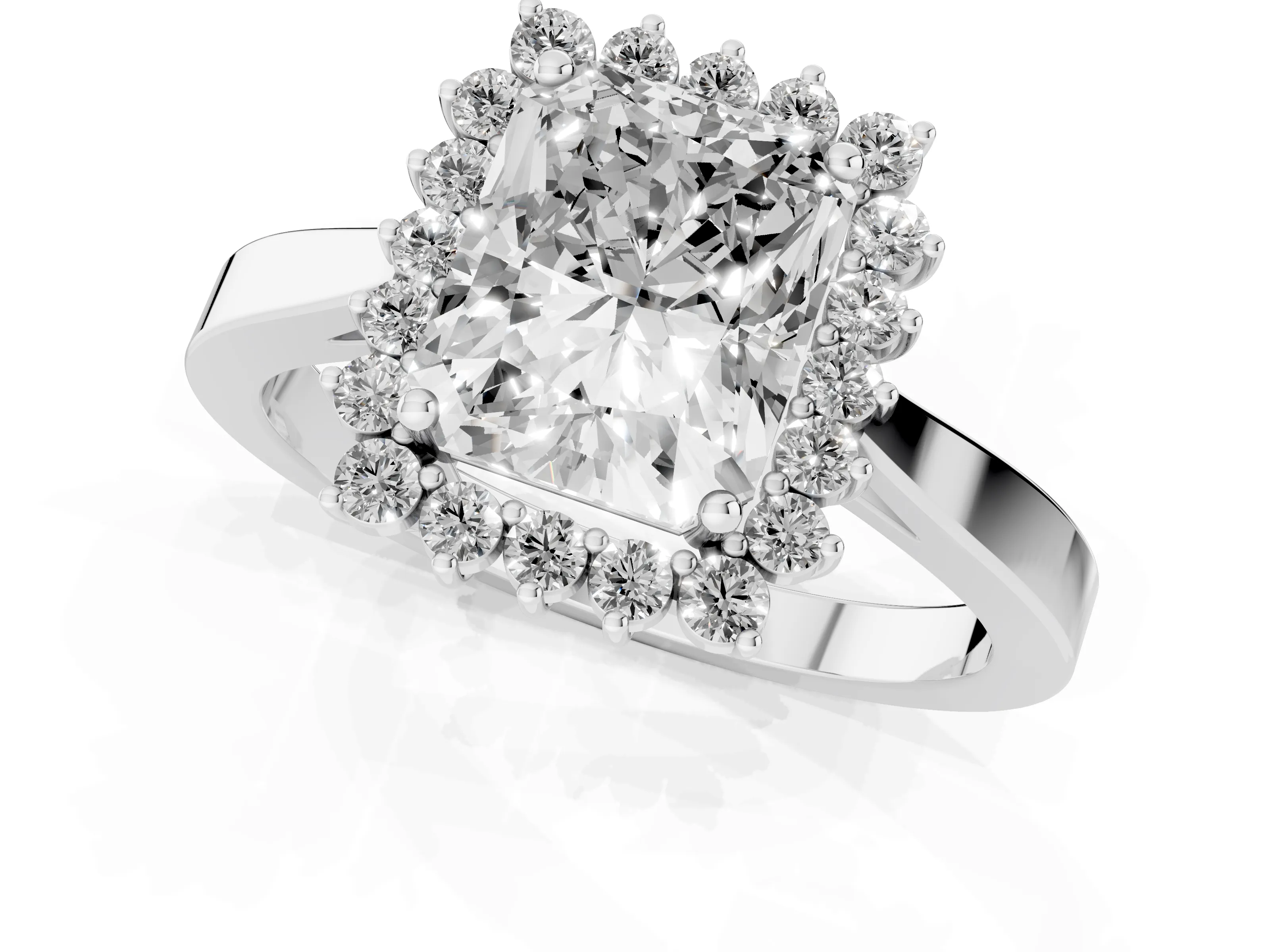 Radiant Cut Diamond Halo Ring Set in White gold with Round Halo and Smooth Solitaire Band