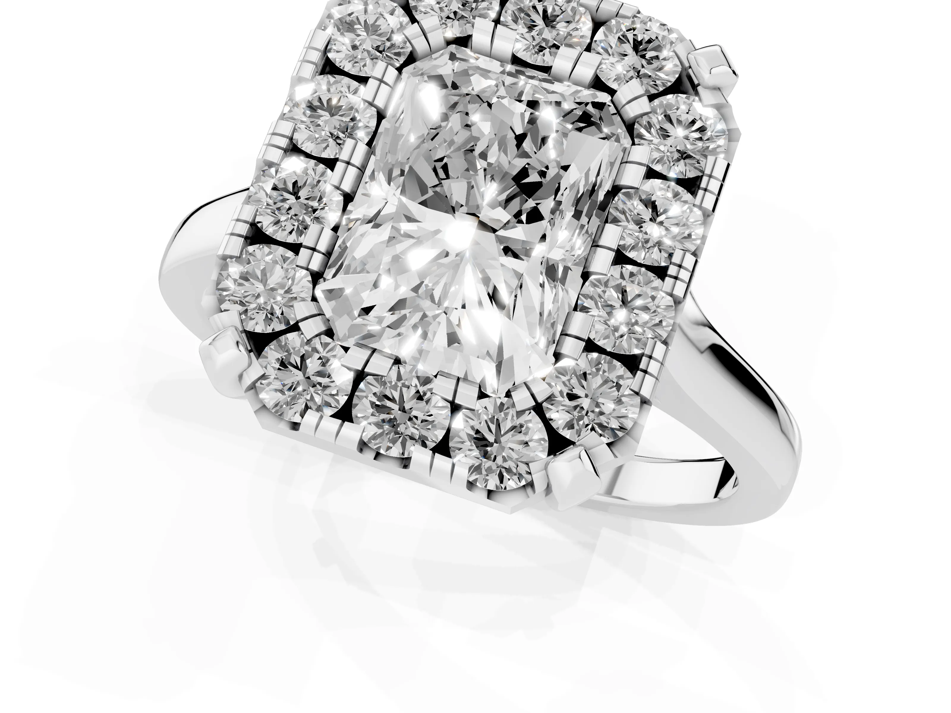 Radiant Cut Diamond Cluster Halo Solitaire Ring Set in White gold with Prong Setting – second view