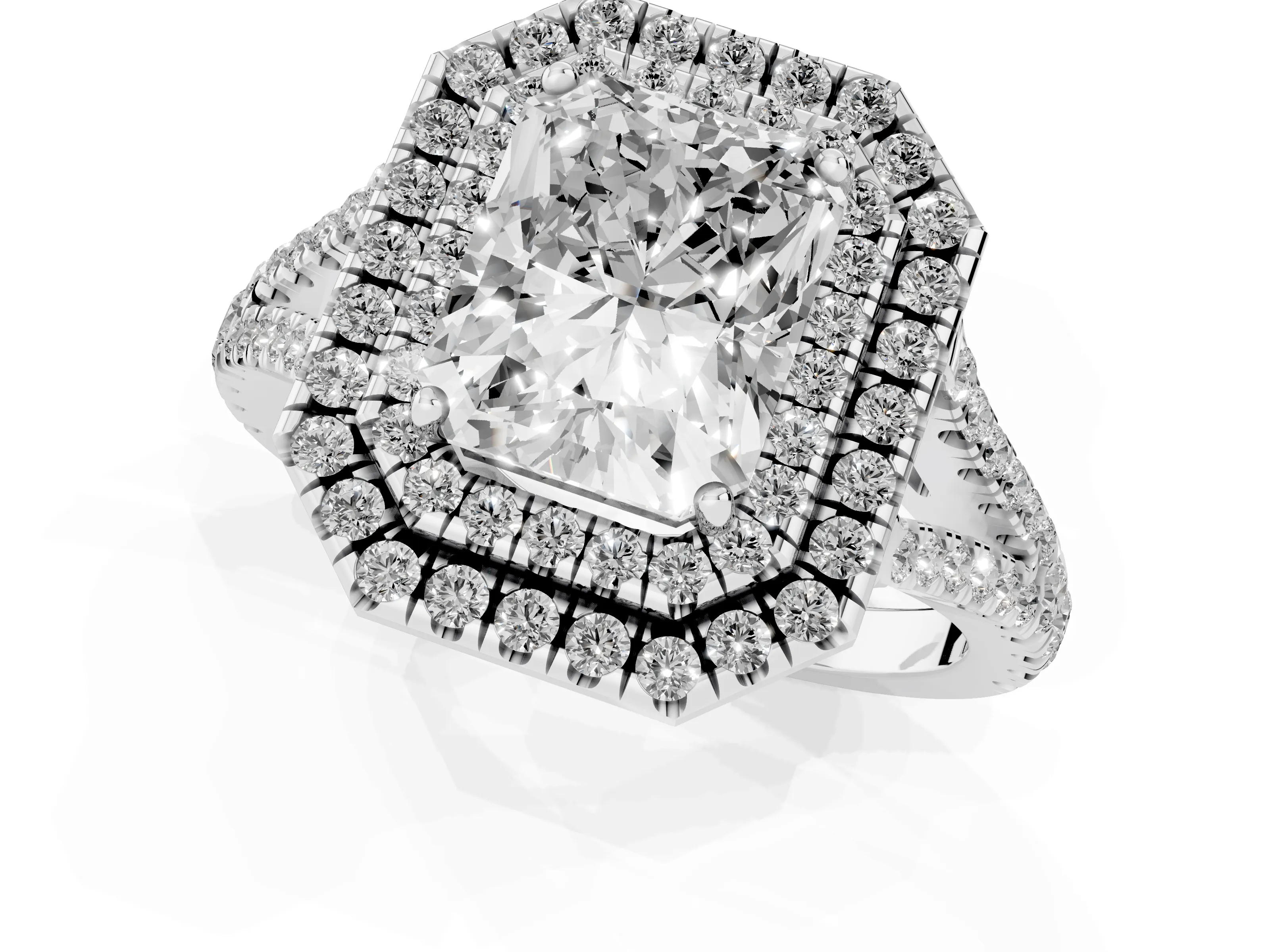 Radiant Cut Diamond Double Halo Ring Set in Silver with Pavé Band