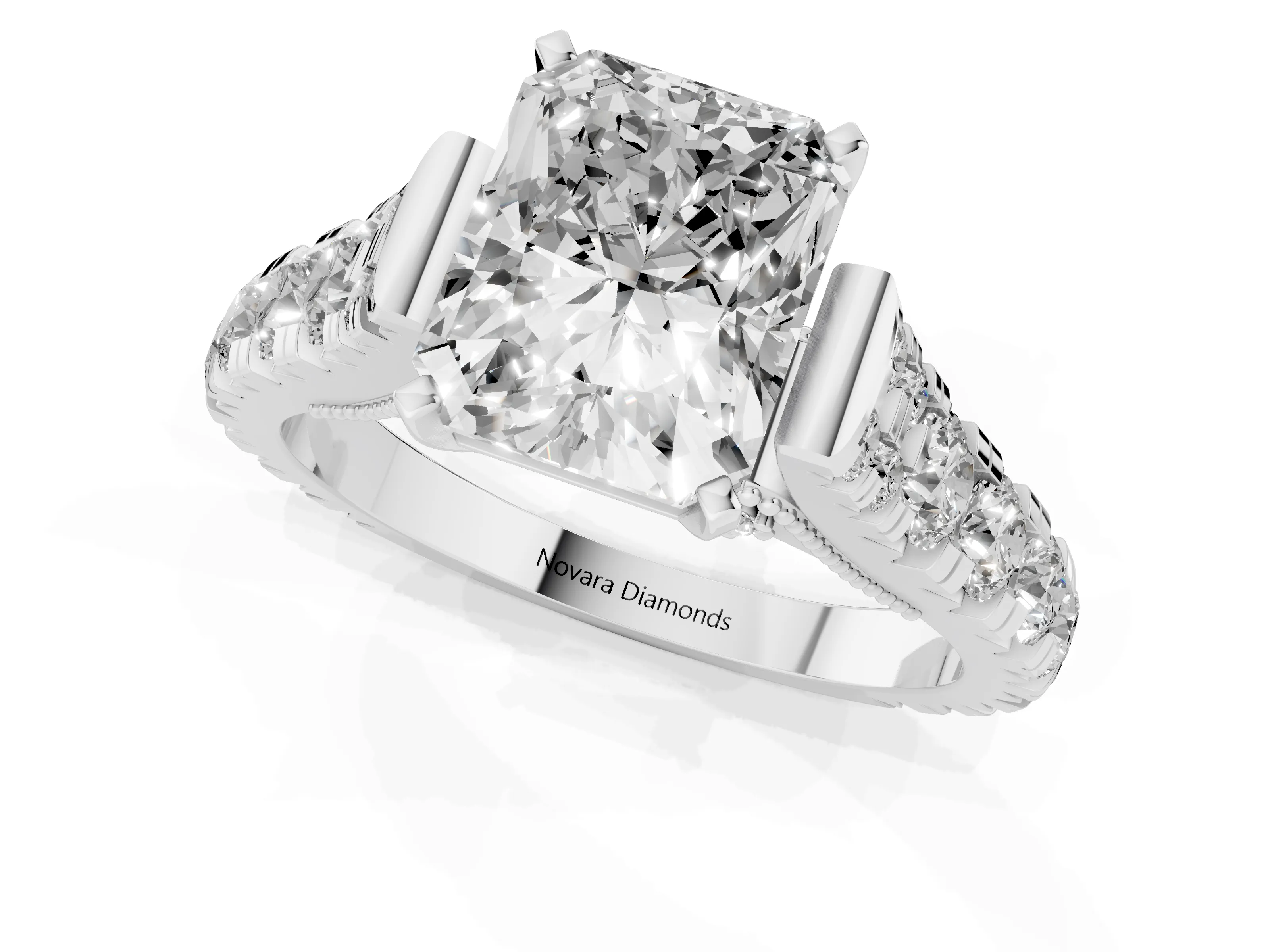 Radiant Cut Diamond Classic Solitaire Ring Set in Platinum with Pavé Band and Prong Setting