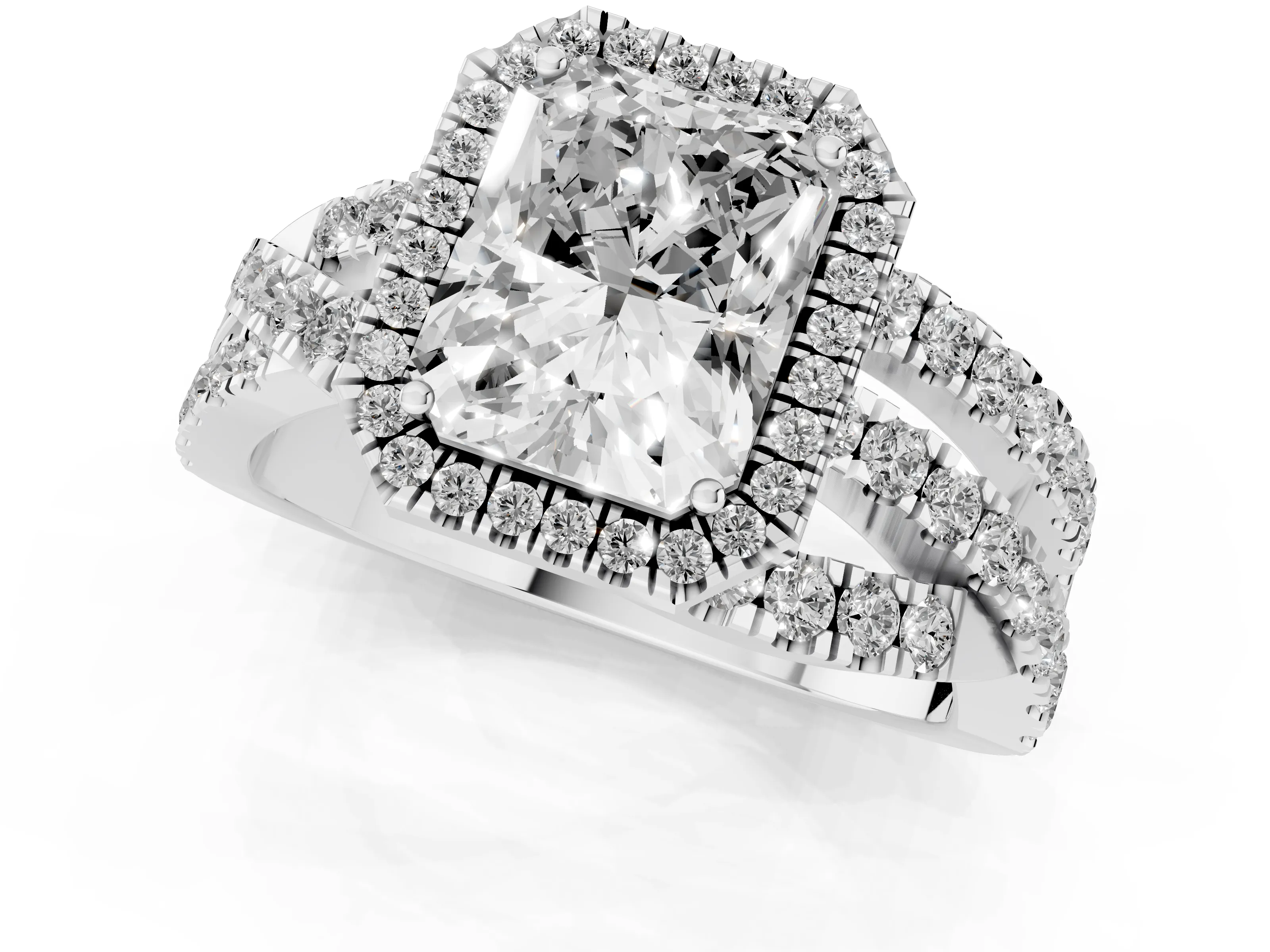 Radiant Cut Diamond Halo Ring Set in Platinum with Round Crossover Split Shank and Prong Setting