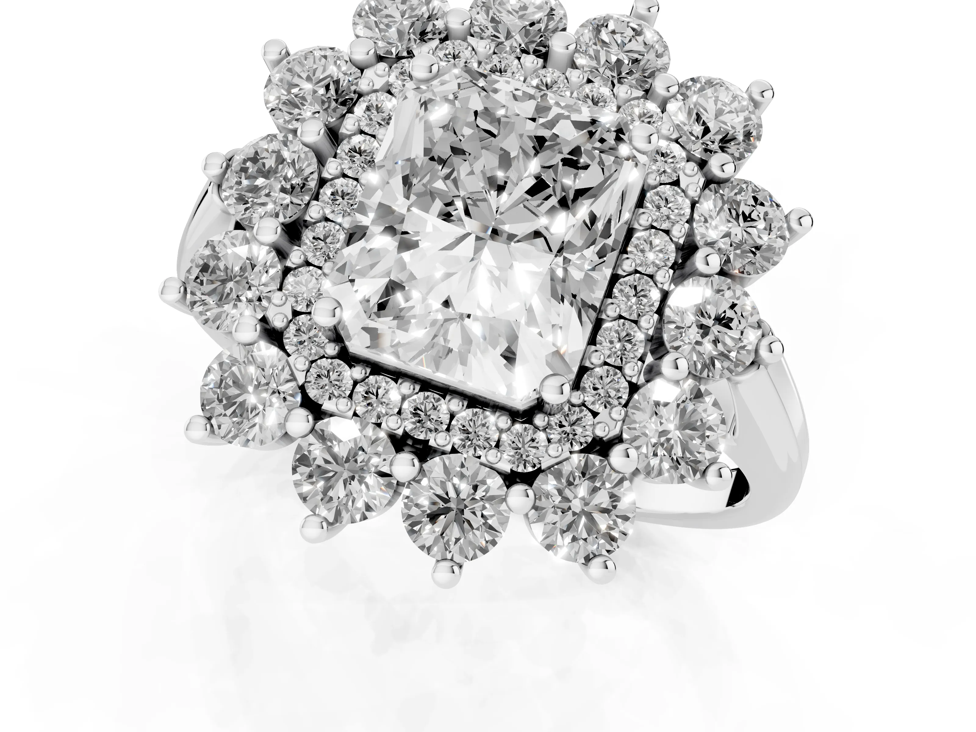 Radiant Cut Diamond Floral Double Halo Ring Set in Platinum with Round Petals