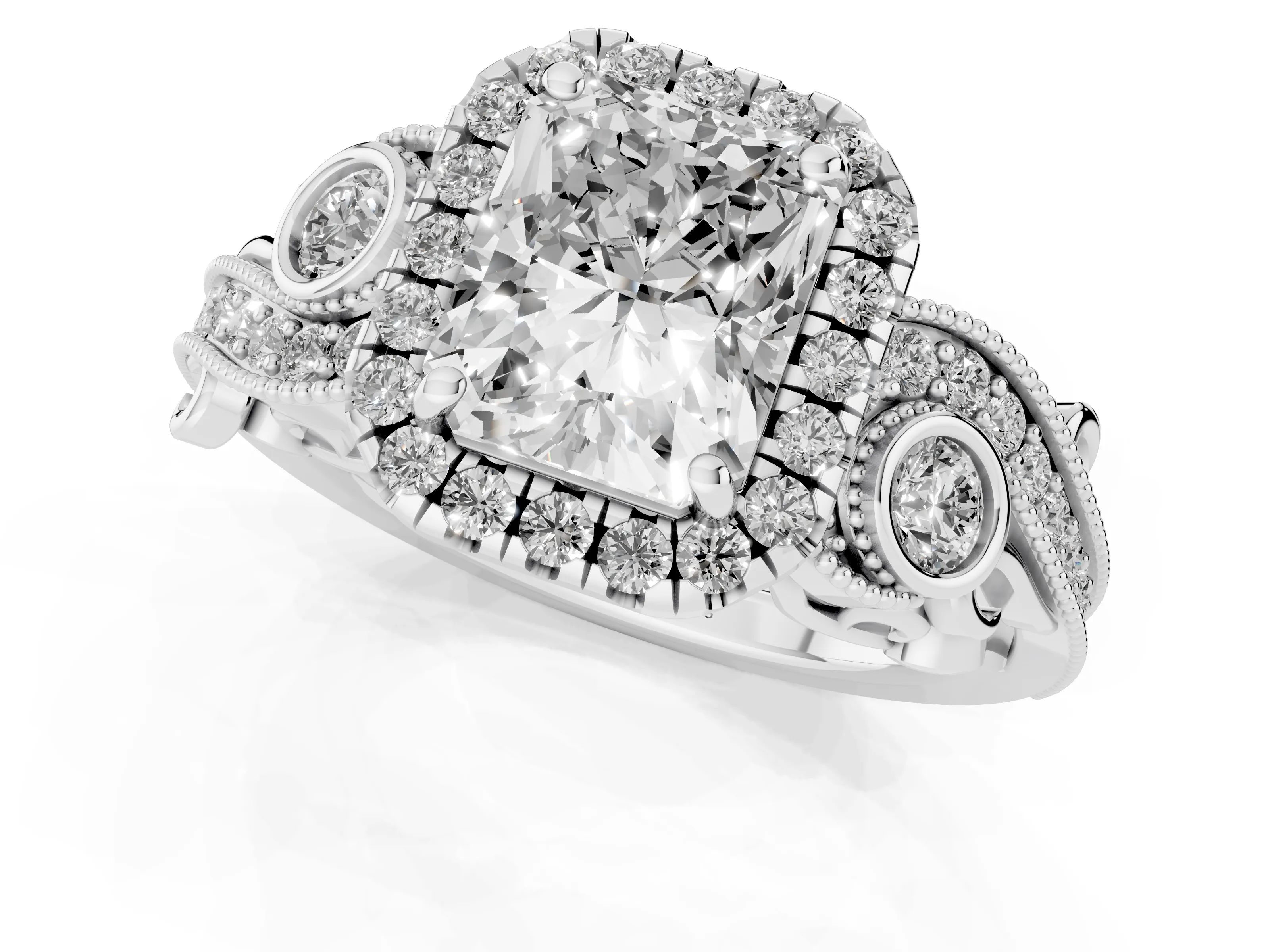 Radiant Cut Diamond Halo Ring Set in White gold with Milgrain Pavé Band and Prong Setting – second view