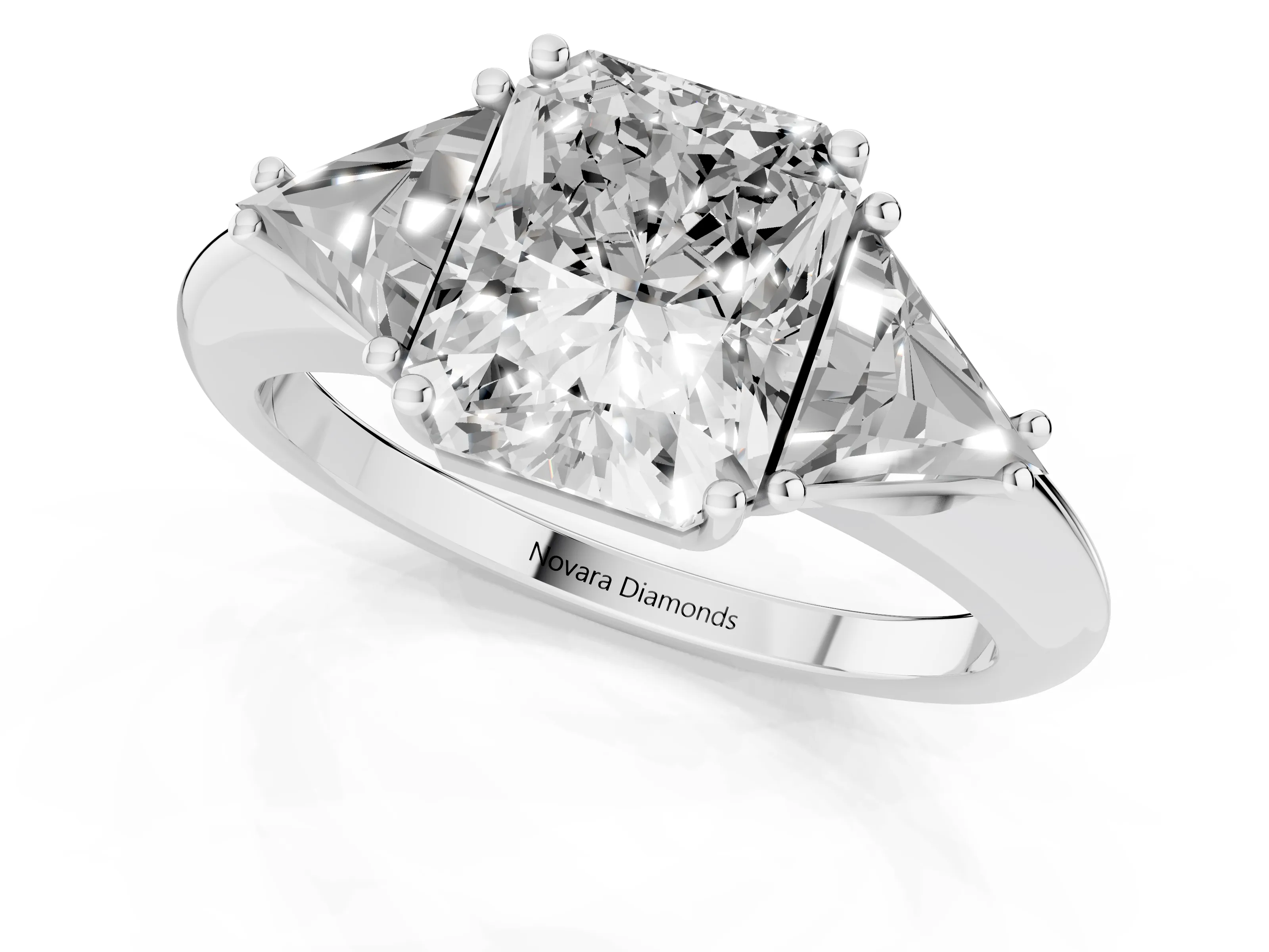 Radiant Cut Diamond Three-Stone Engagement Ring Set in Platinum with Trillion Side Stones