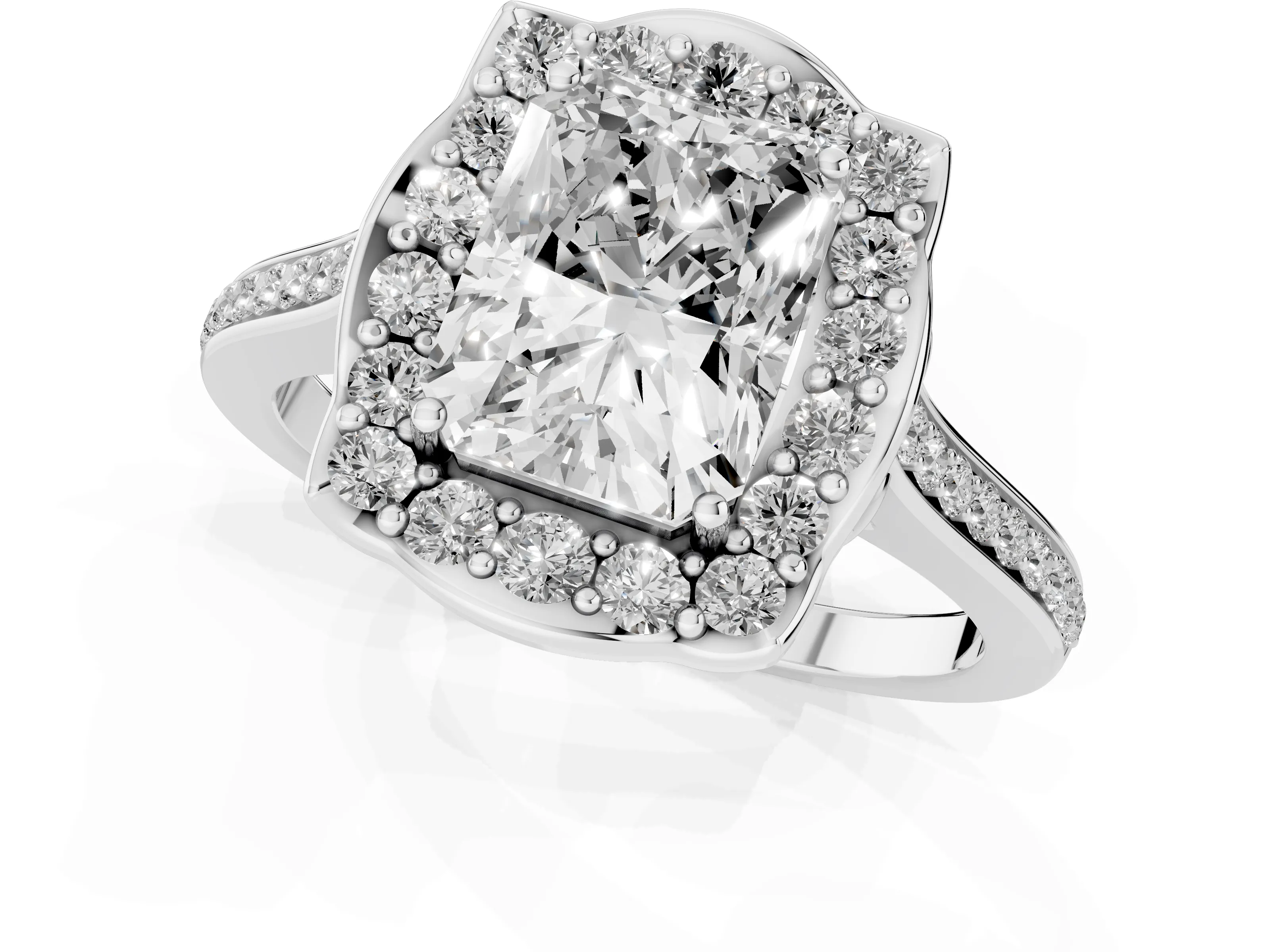 Radiant Cut Diamond Halo Ring Set in Silver with Pavé-Lined Shoulders and Prong Setting