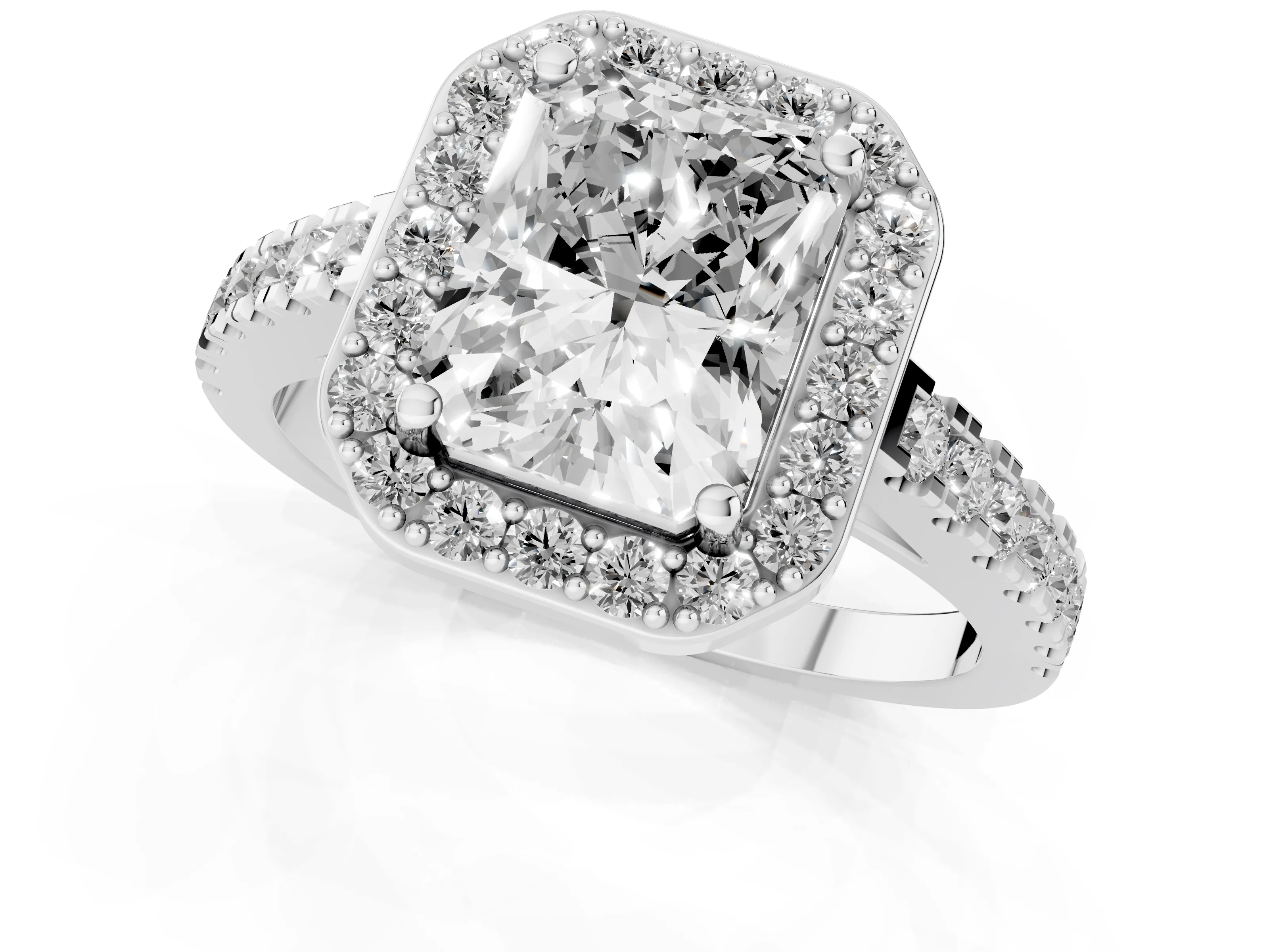 Radiant Cut Diamond Halo Ring Set in Silver with Round Pavé Split Shank and Prong Setting