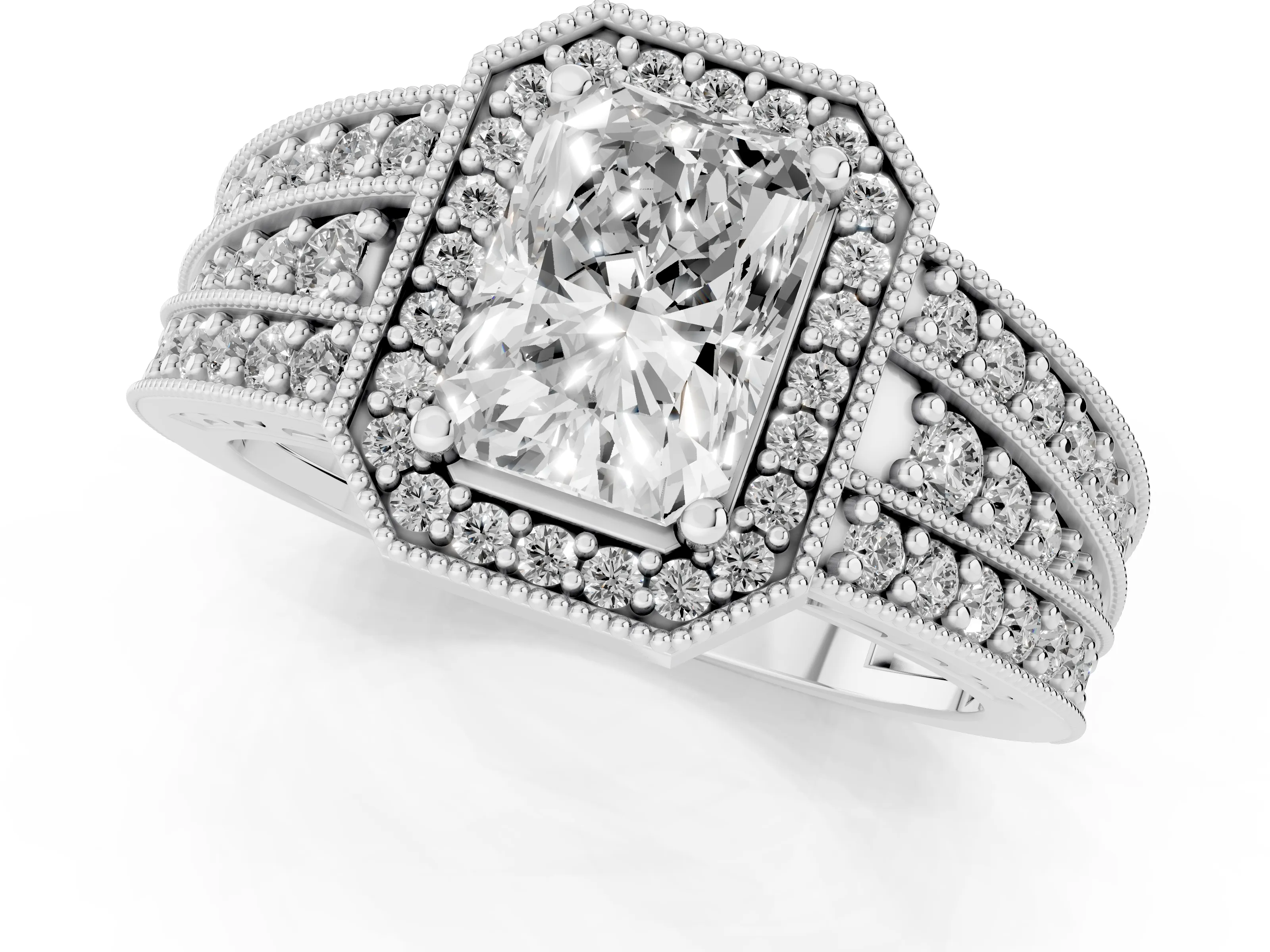 Radiant Cut Diamond Halo Ring Set in Silver with Accent Split Shank and Prong Setting