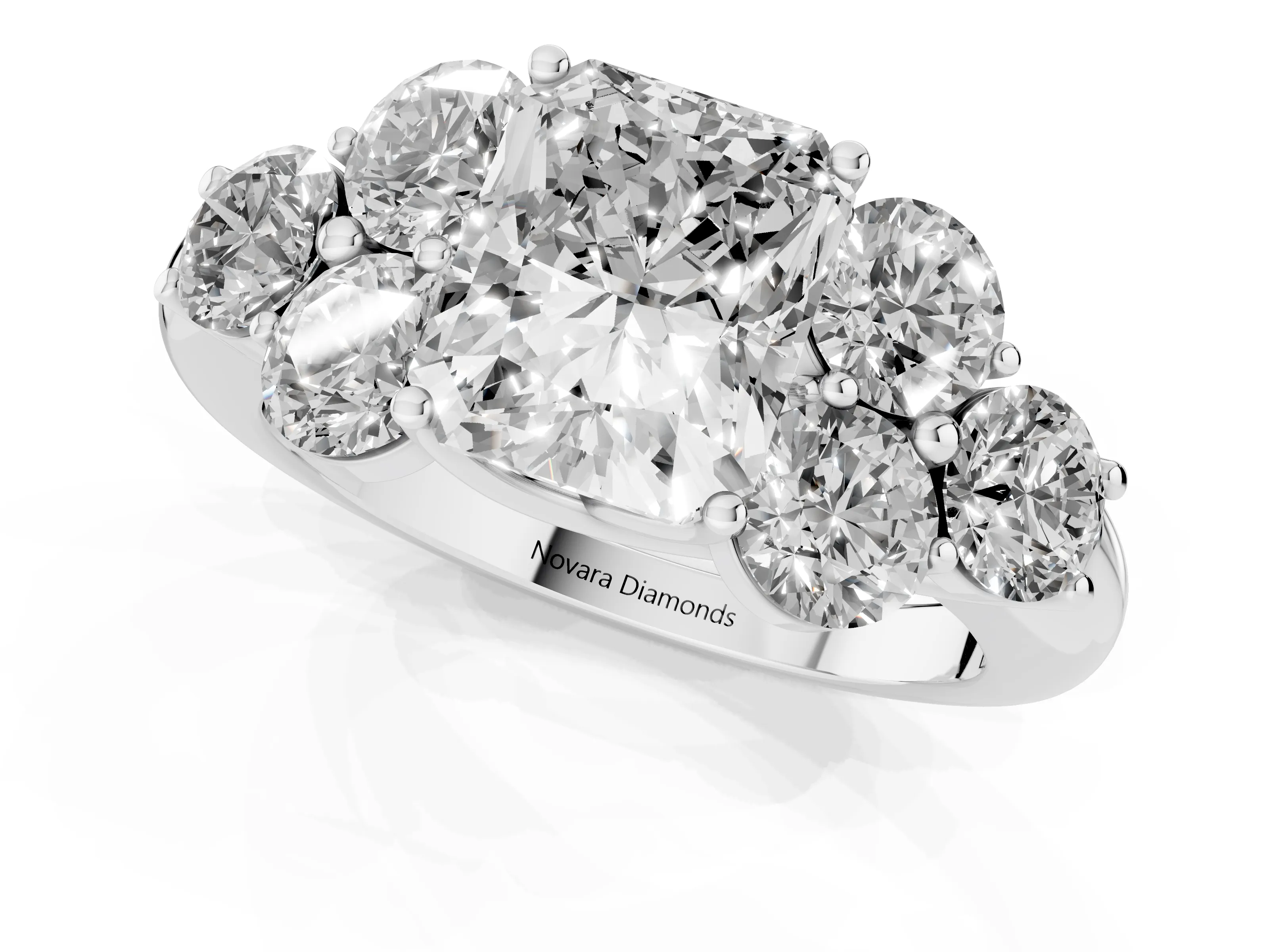 Radiant Cut Diamond Cluster Ring Set in Platinum with Round Accent Stones and Prong Setting on a Plain Band – second view