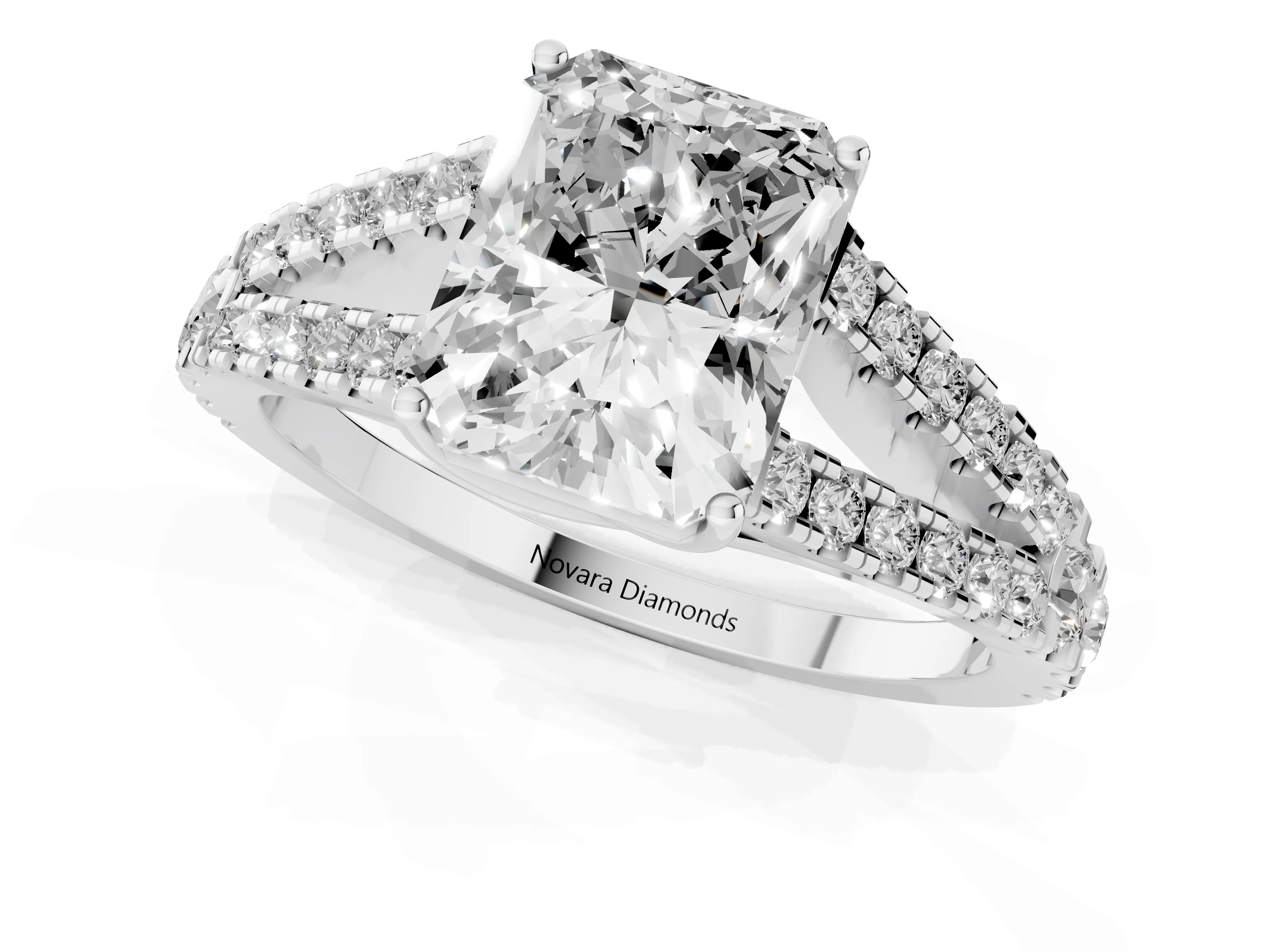Radiant Cut Diamond Split Shank Pavé Engagement Ring Set in Platinum with Prong-Held Center Stone