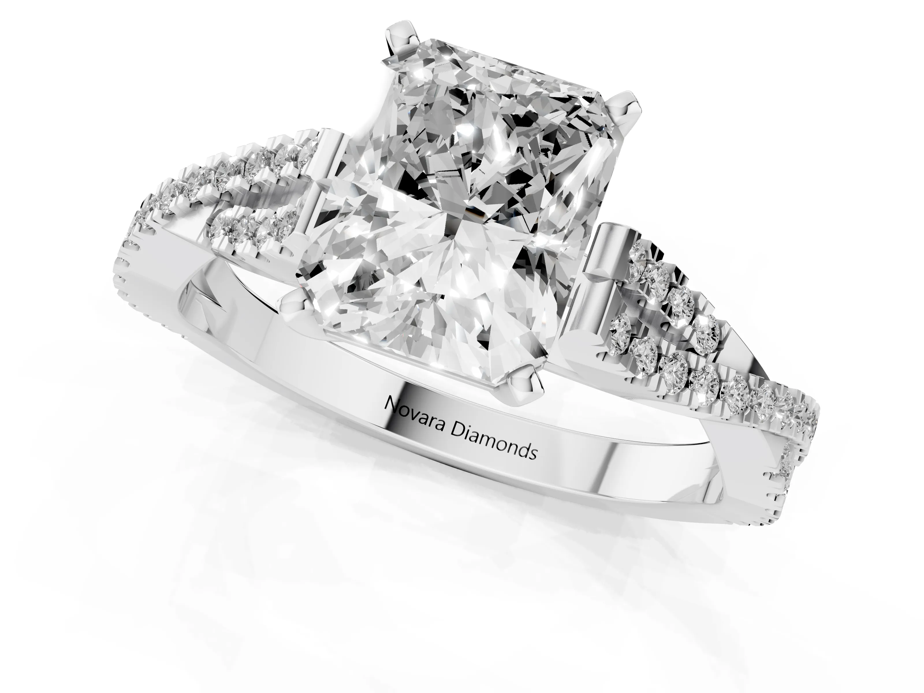 Radiant Cut Diamond Solitaire Engagement Ring Set in Platinum with Twisted Pavé Band and Prong Setting