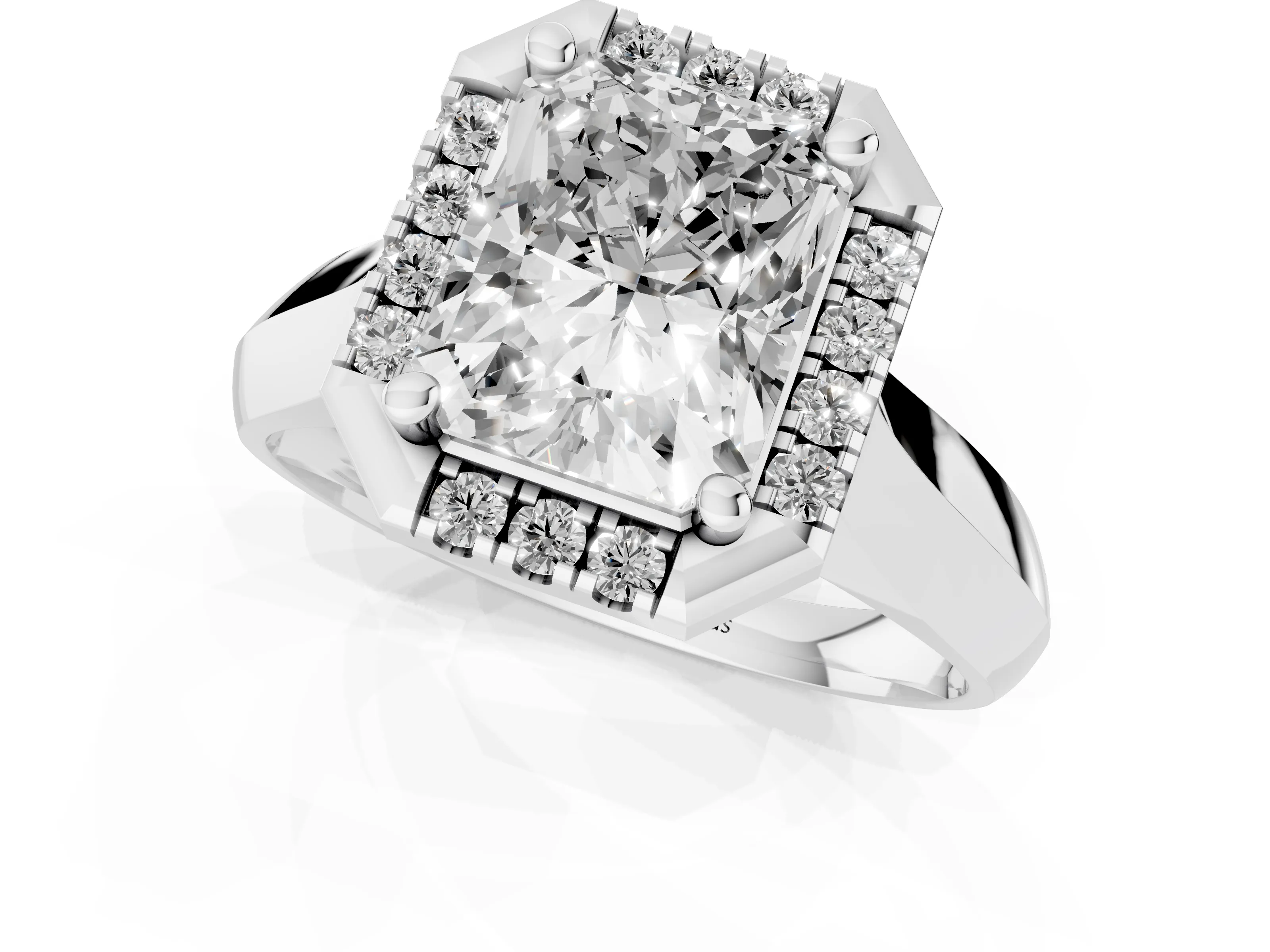 Radiant Cut Diamond Halo Solitaire Engagement Ring Set in White gold with Square Band and Prong Setting