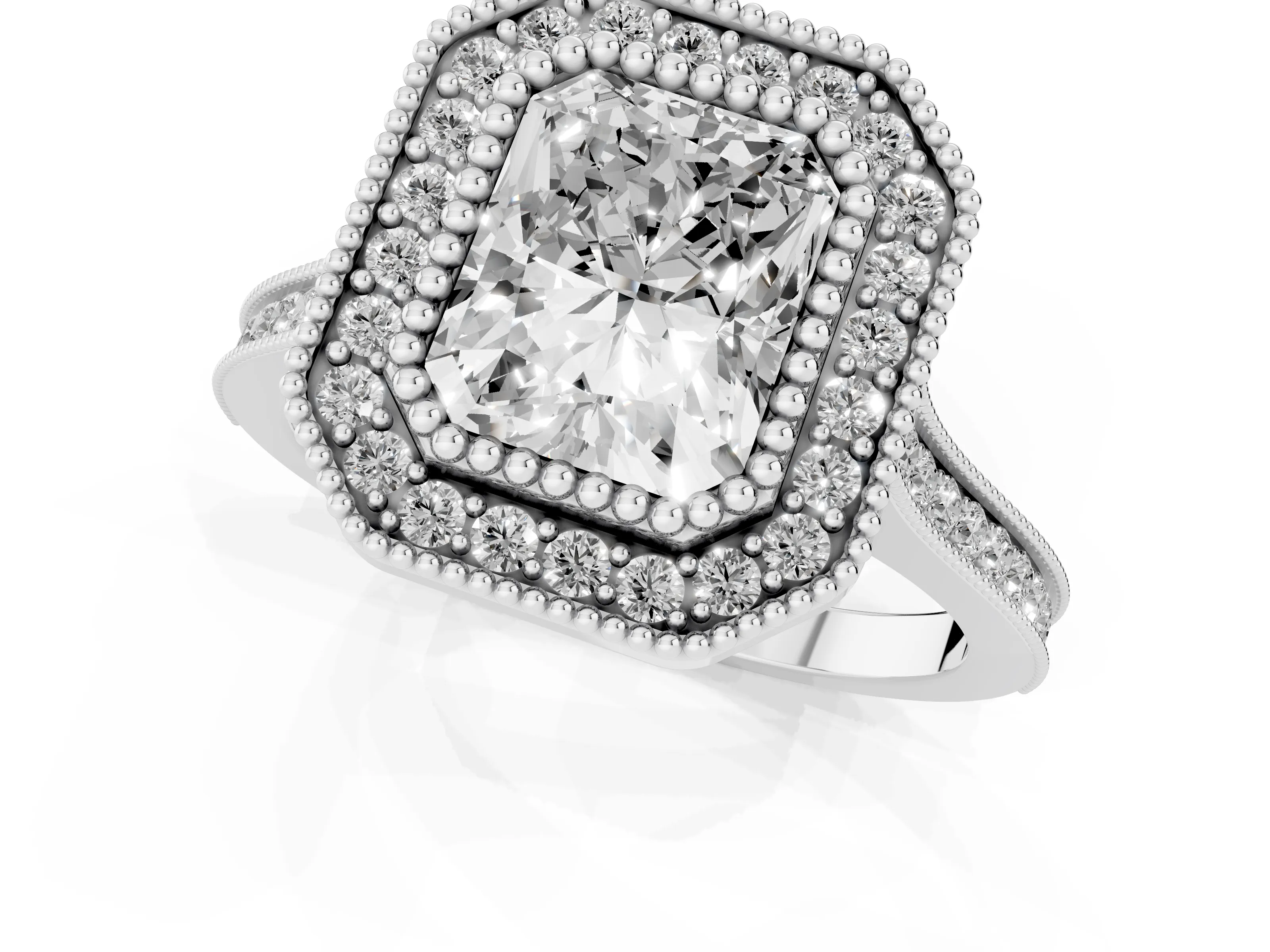 Radiant Cut Diamond Halo Ring Set in White gold with Milgrain Frame and Pavé Band