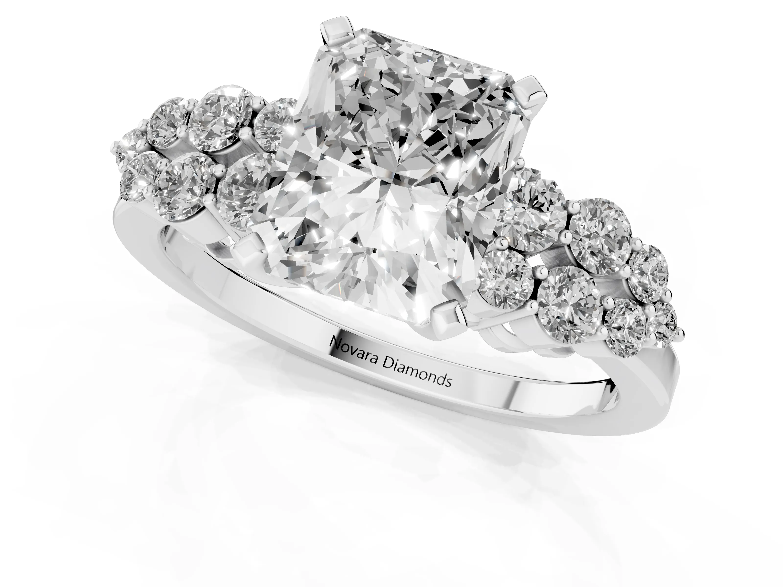 Radiant Cut Diamond Cluster Engagement Ring Set in White gold with Pavé Band and Prong Setting – second view