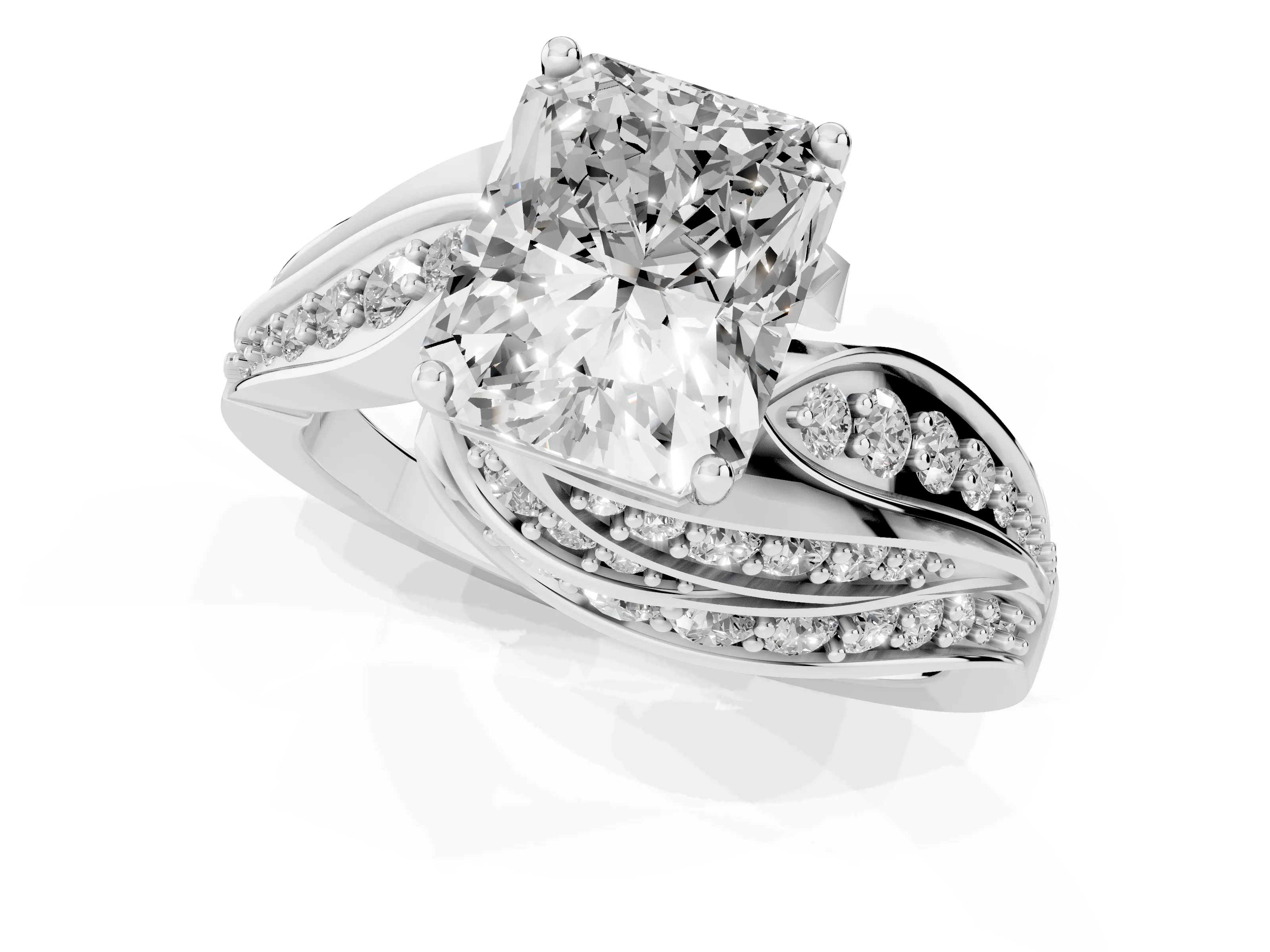 Radiant Cut Diamond Solitaire Ring Set in Platinum with Layered Twist Pavé Band
