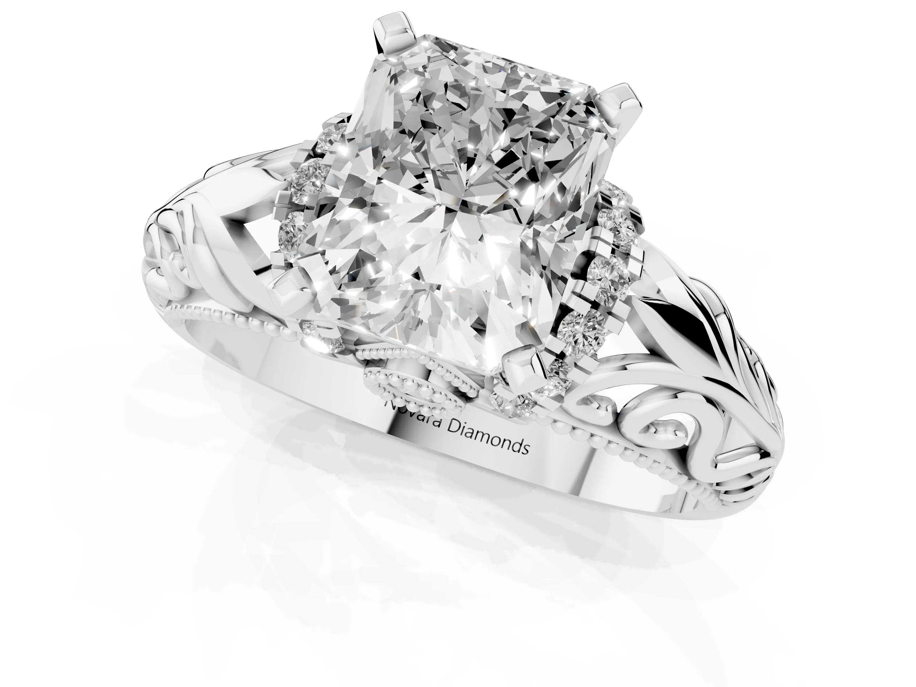 Radiant Cut Diamond Filigree Halo Engagement Ring Set in Silver with Prong Setting