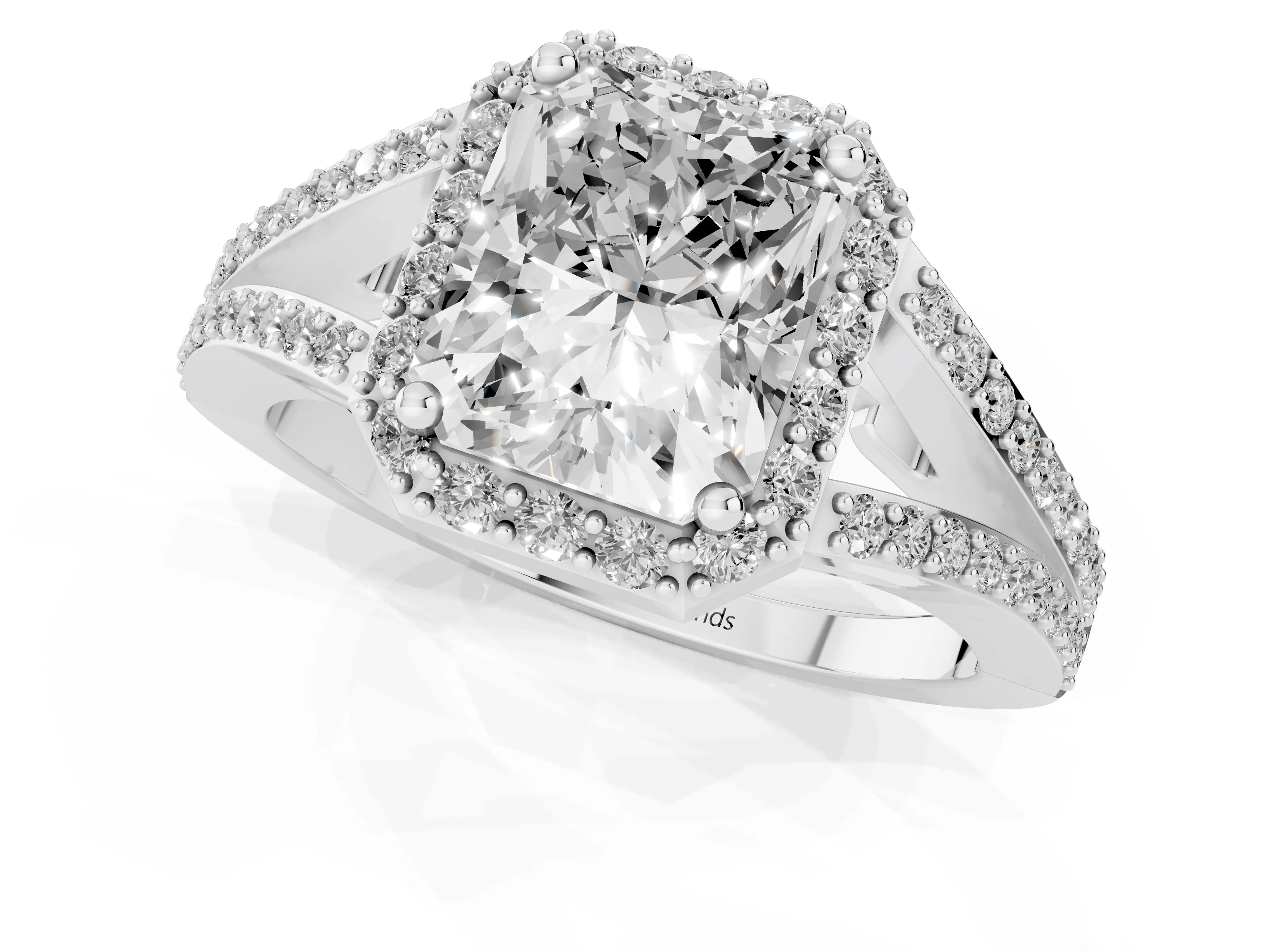 Radiant Cut Diamond Halo Split Shank Pavé Ring Set in Silver with Prong Setting