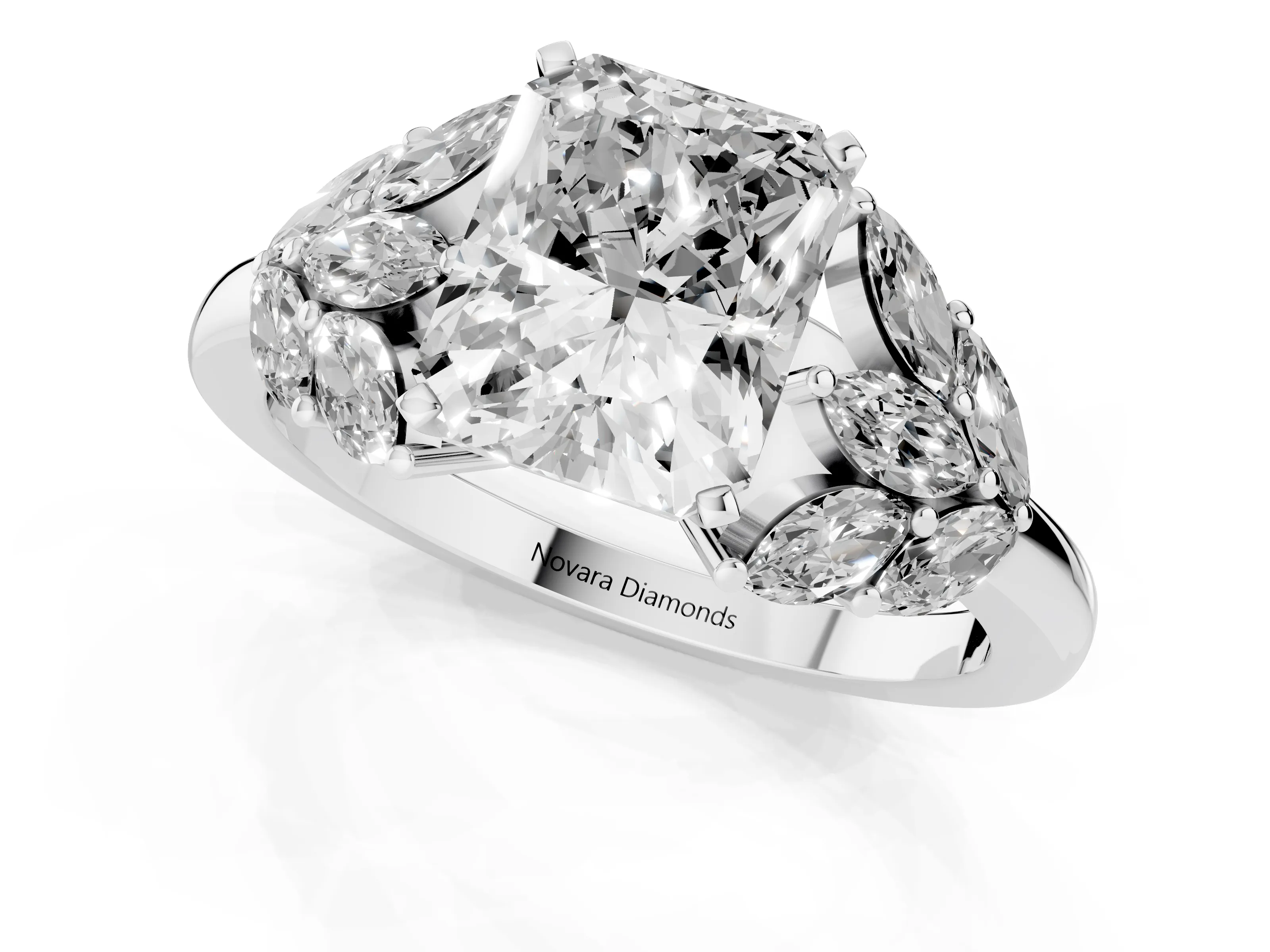Radiant Cut Diamond Cluster Leaf Design Ring Set in Platinum with Prong Setting