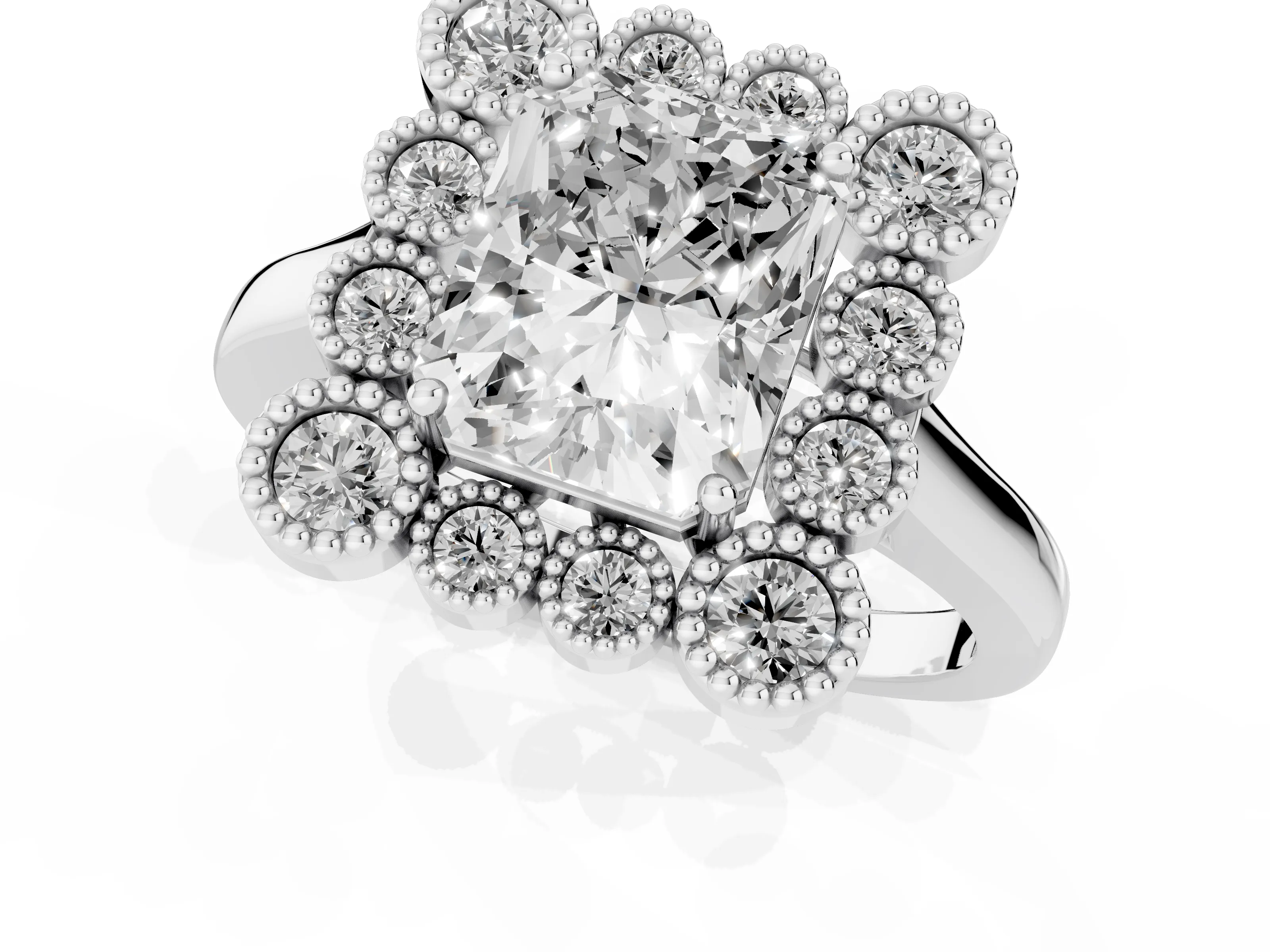 Radiant Cut Diamond Cluster Halo Ring Set in White gold with Milgrain Bezel Accents and Plain Band