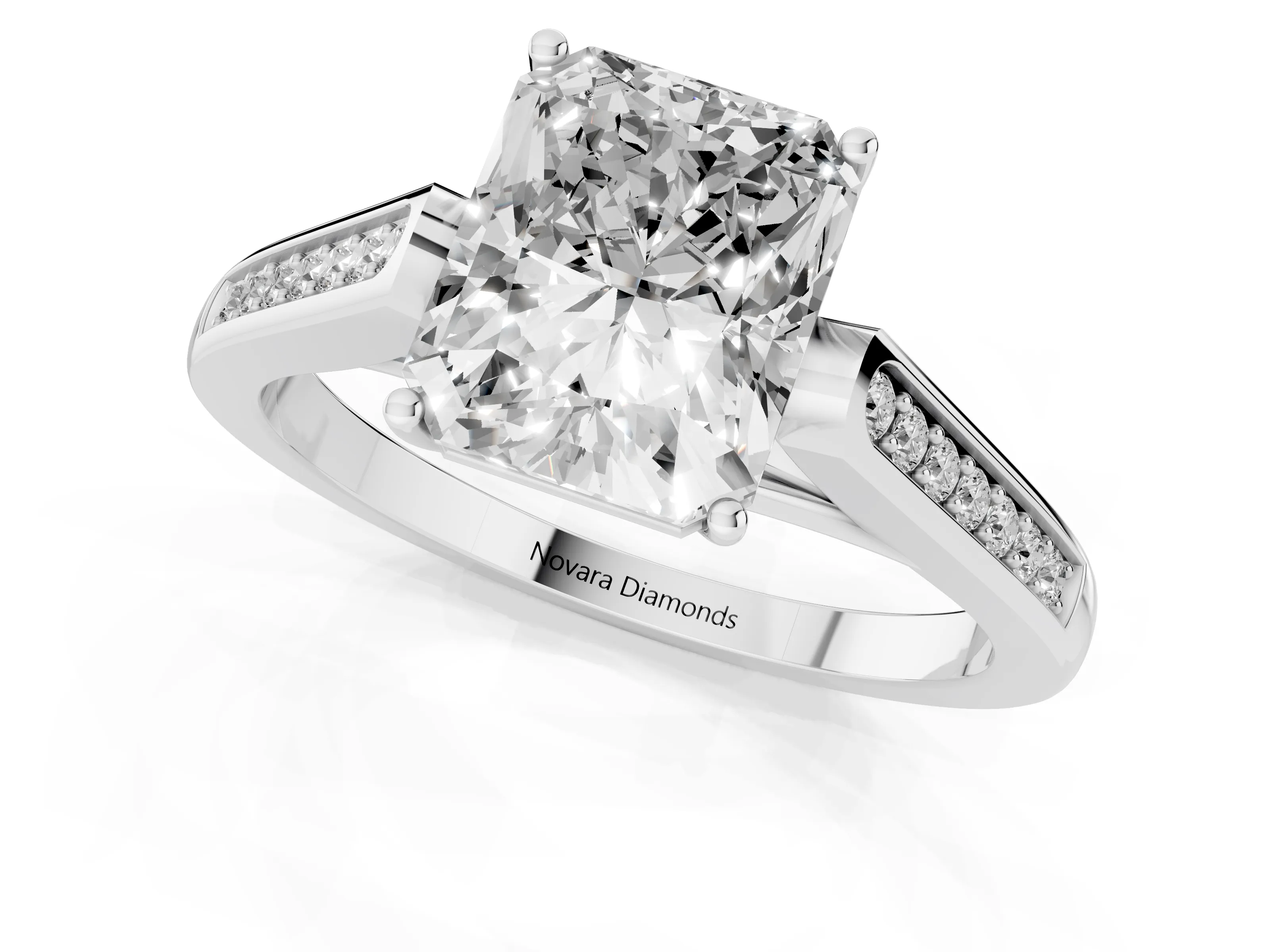Radiant Cut Diamond Solitaire Cathedral Engagement Ring Set in Platinum with Channel-Set Band and Prong Setting