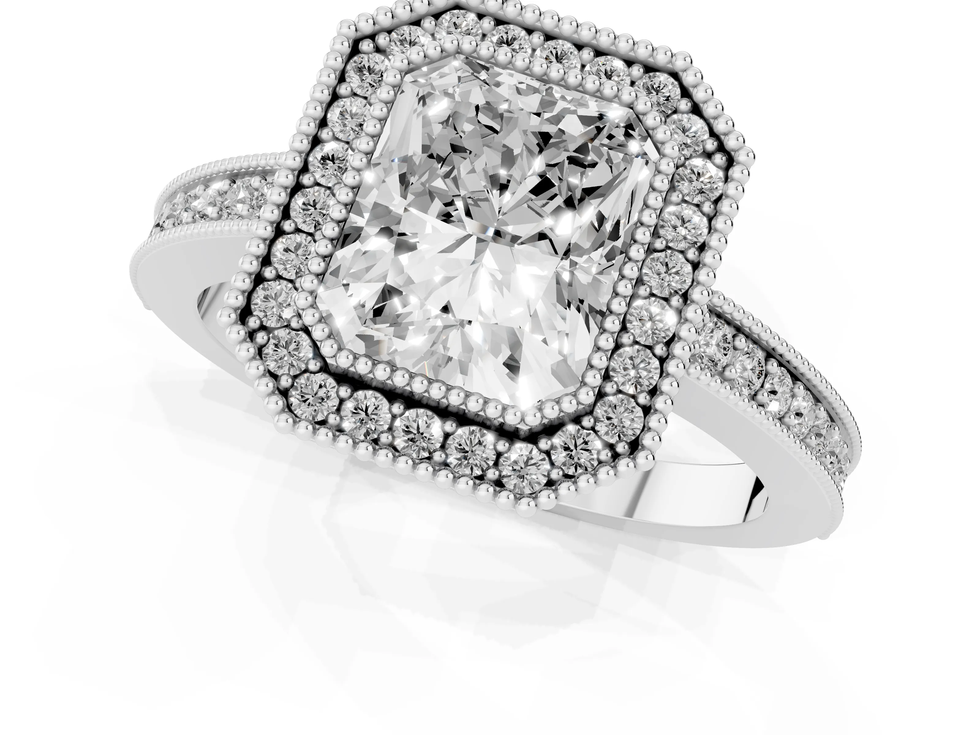 Radiant Cut Diamond Round Halo Ring Set in White gold with Pavé Band