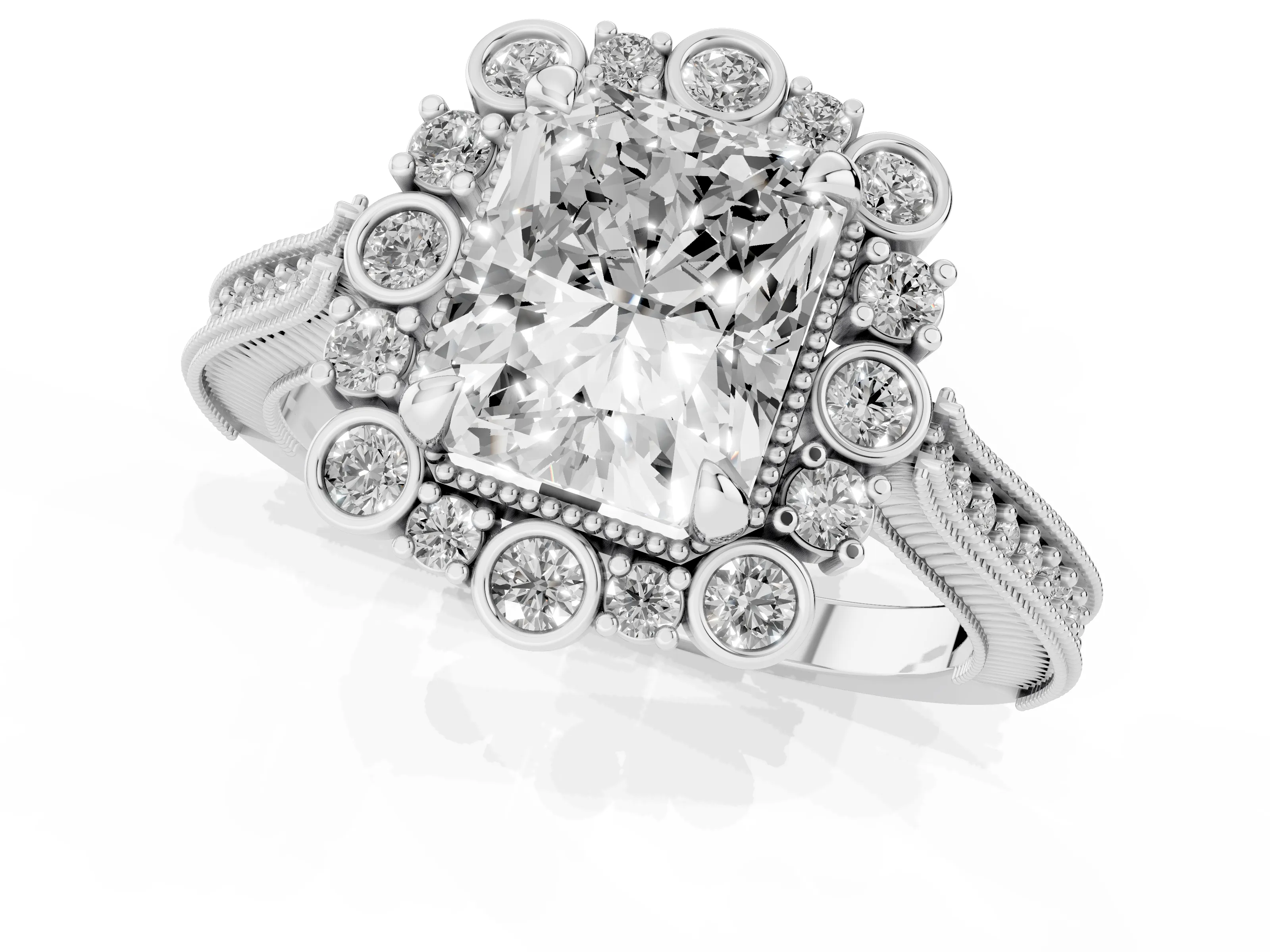 Radiant Cut Diamond Halo Milgrain Pavé Ring Set in White gold with Prong Setting – second view