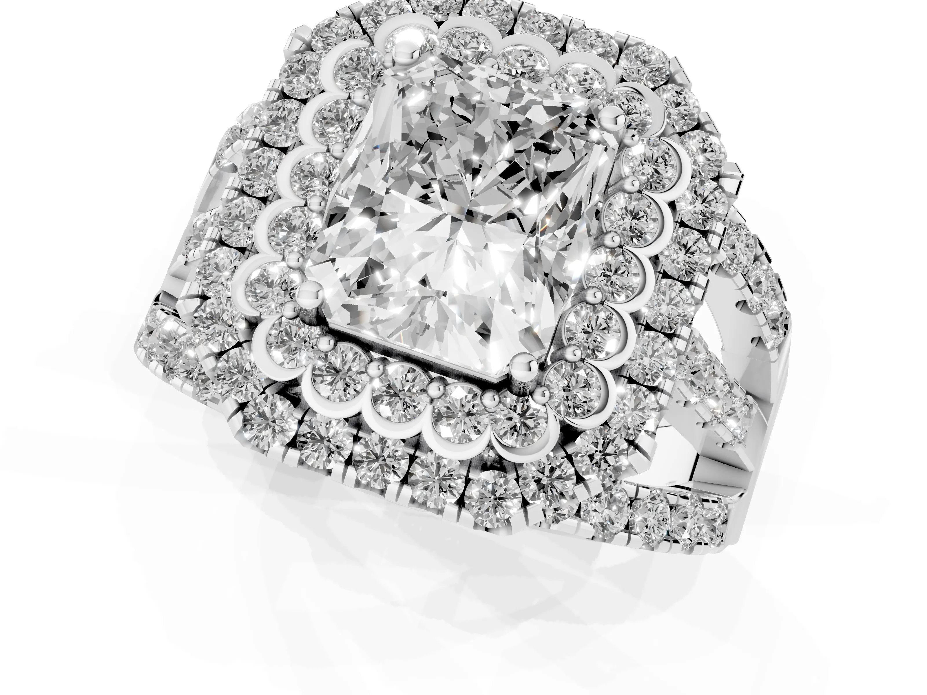 Radiant Cut Diamond Double Halo Ring Set in White gold with Round Pavé Split Shank