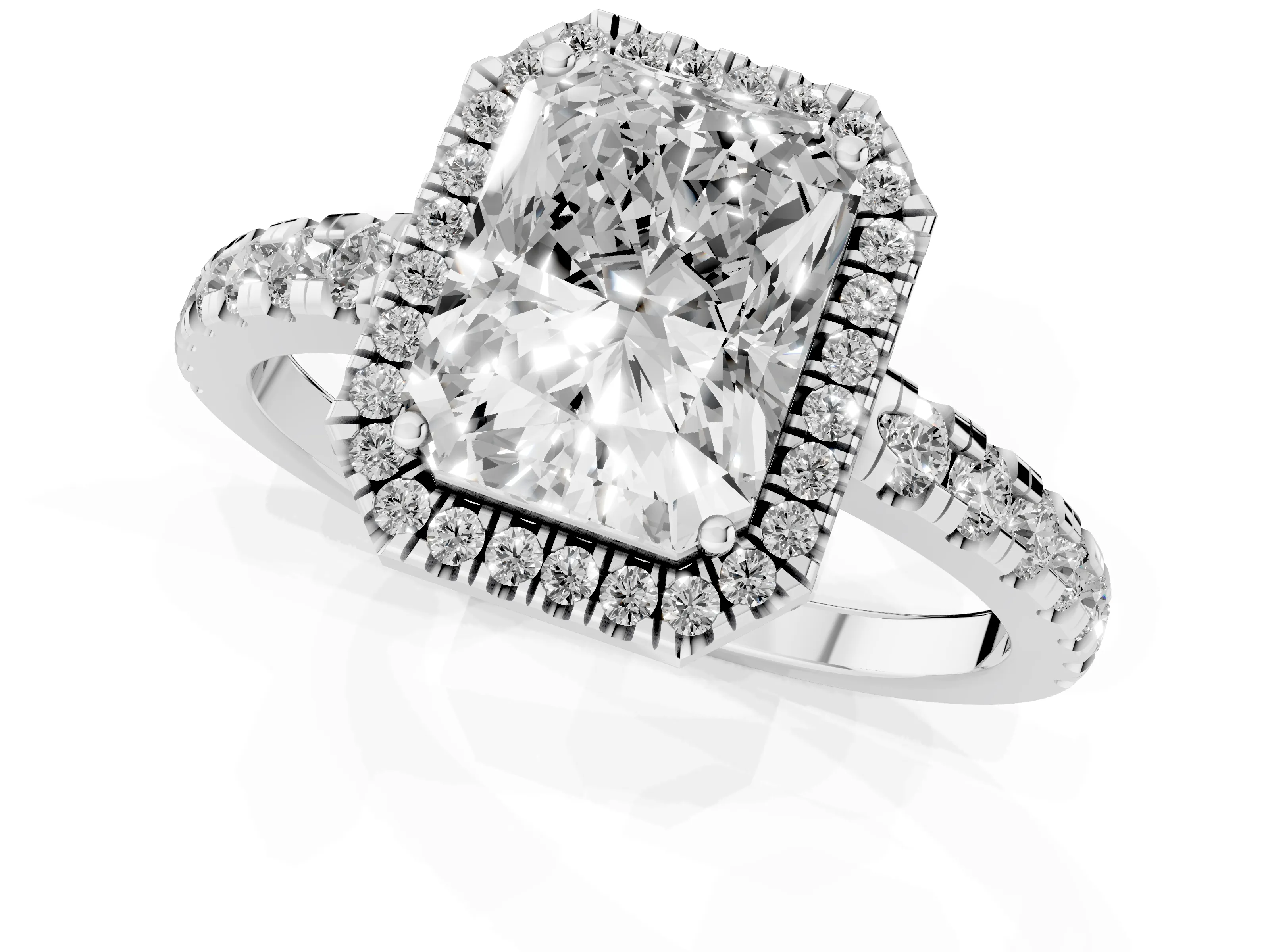 Radiant Cut Diamond Halo Ring Set in Silver with Delicate Pavé Band and Prong Setting