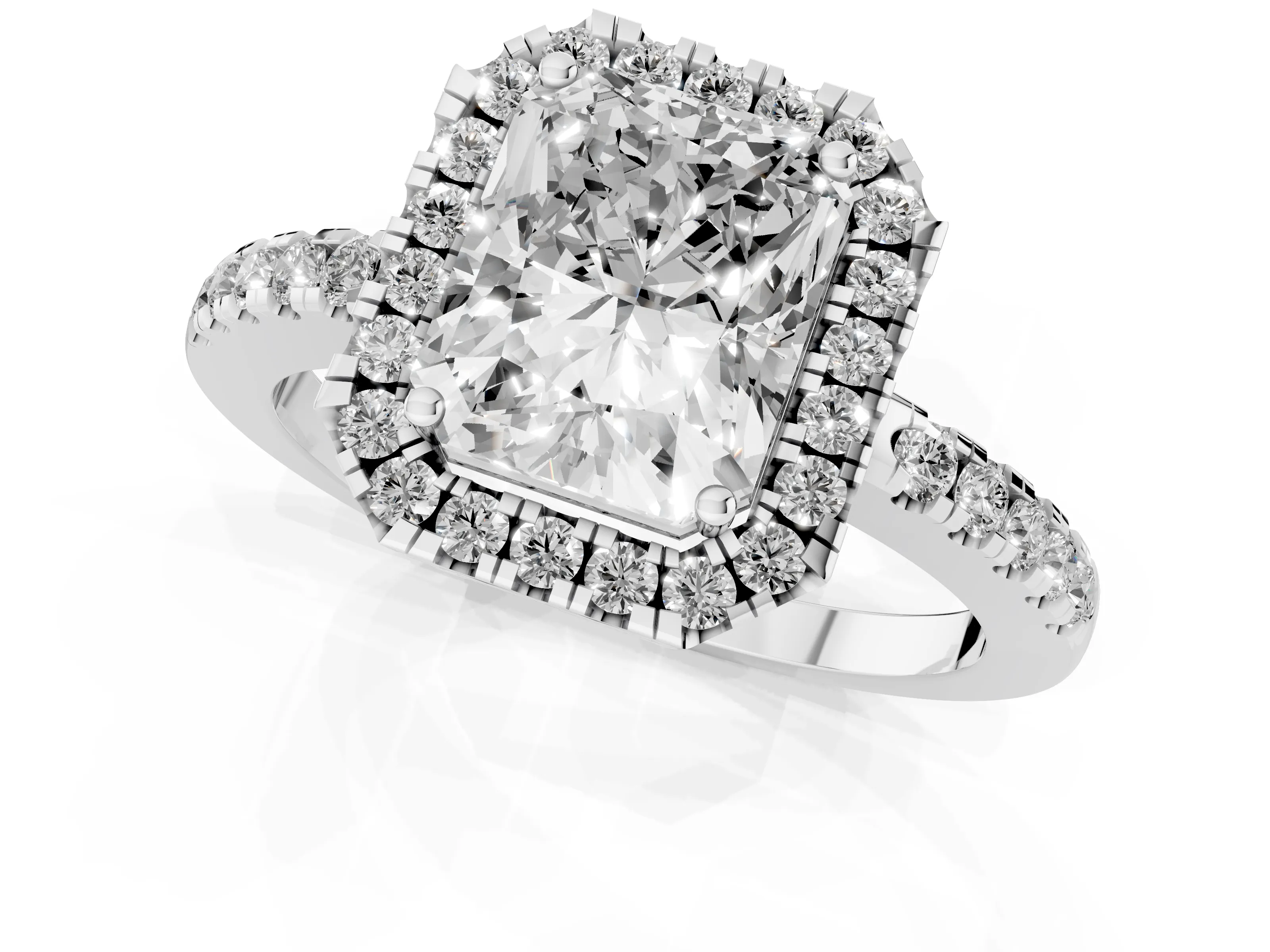 Radiant Cut Diamond Pavé Band Halo Engagement Ring Set in Platinum with Prong Setting