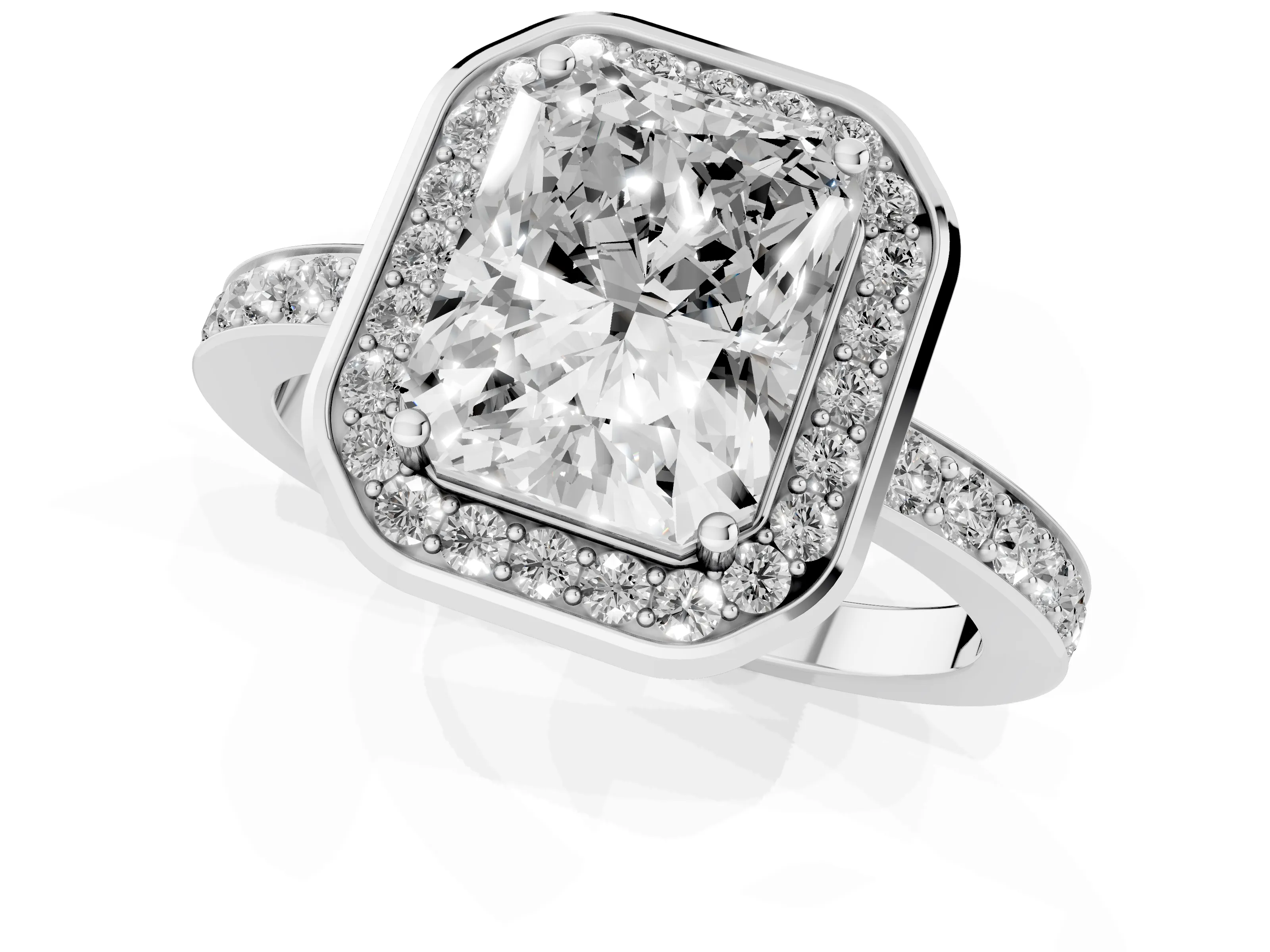 Radiant Cut Diamond Halo Ring Set in White gold with Bezel Frame and Pavé Band