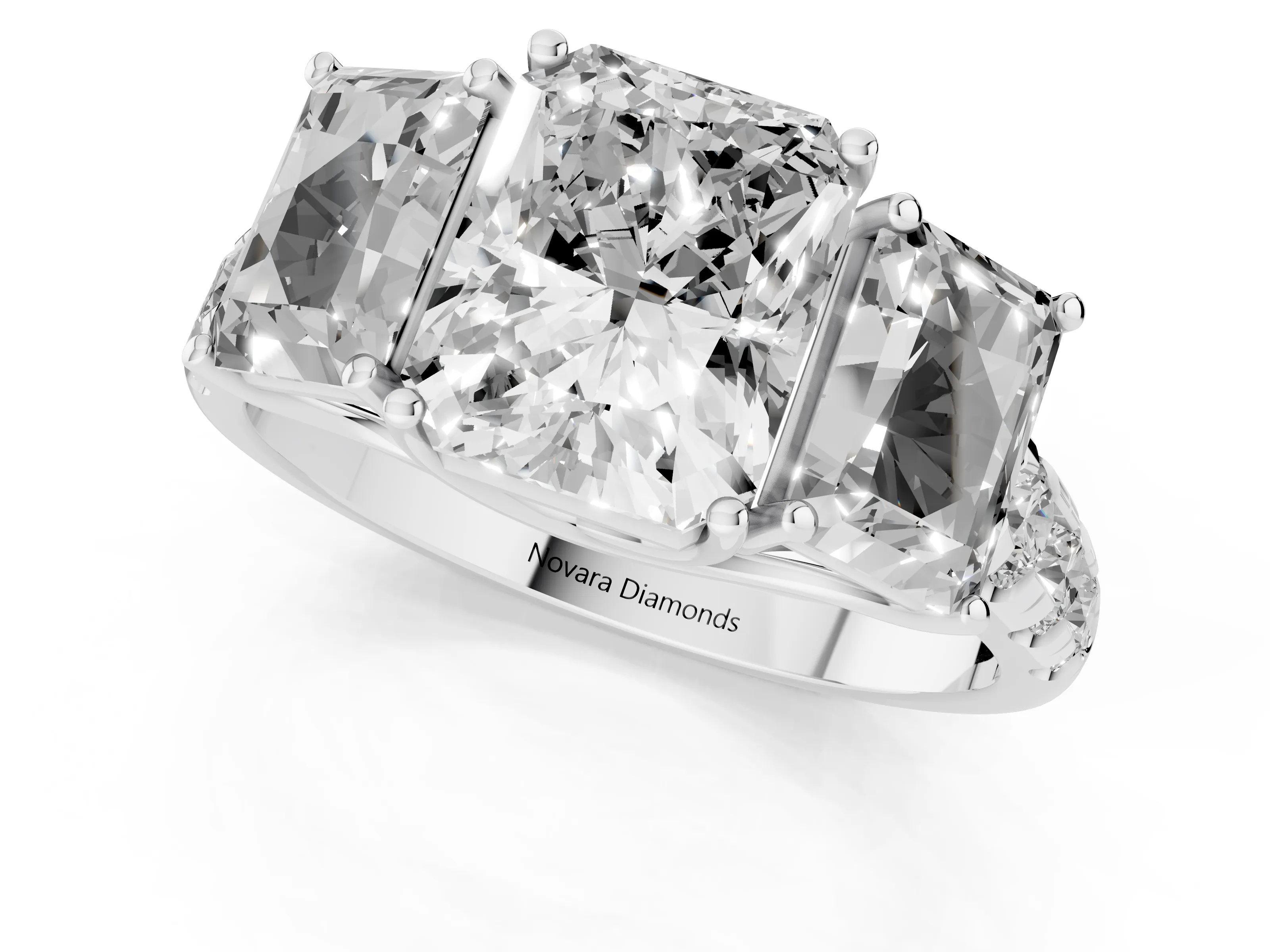 Radiant Cut Diamond Three-Stone Ring Set in Silver with Pavé Band