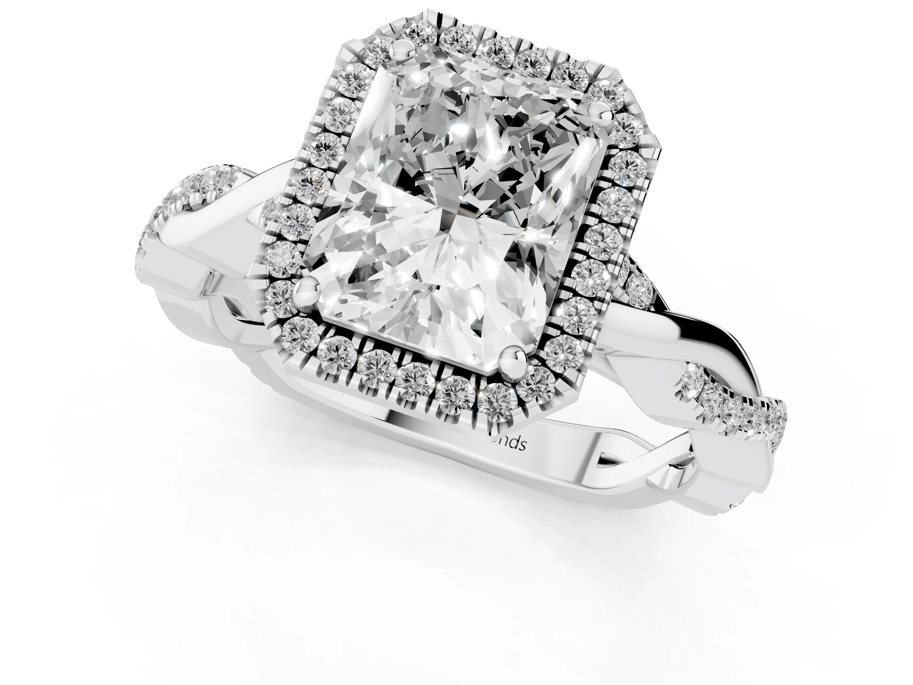 Radiant Cut Diamond Halo Twisted Band Ring Set in Platinum with Prong Setting