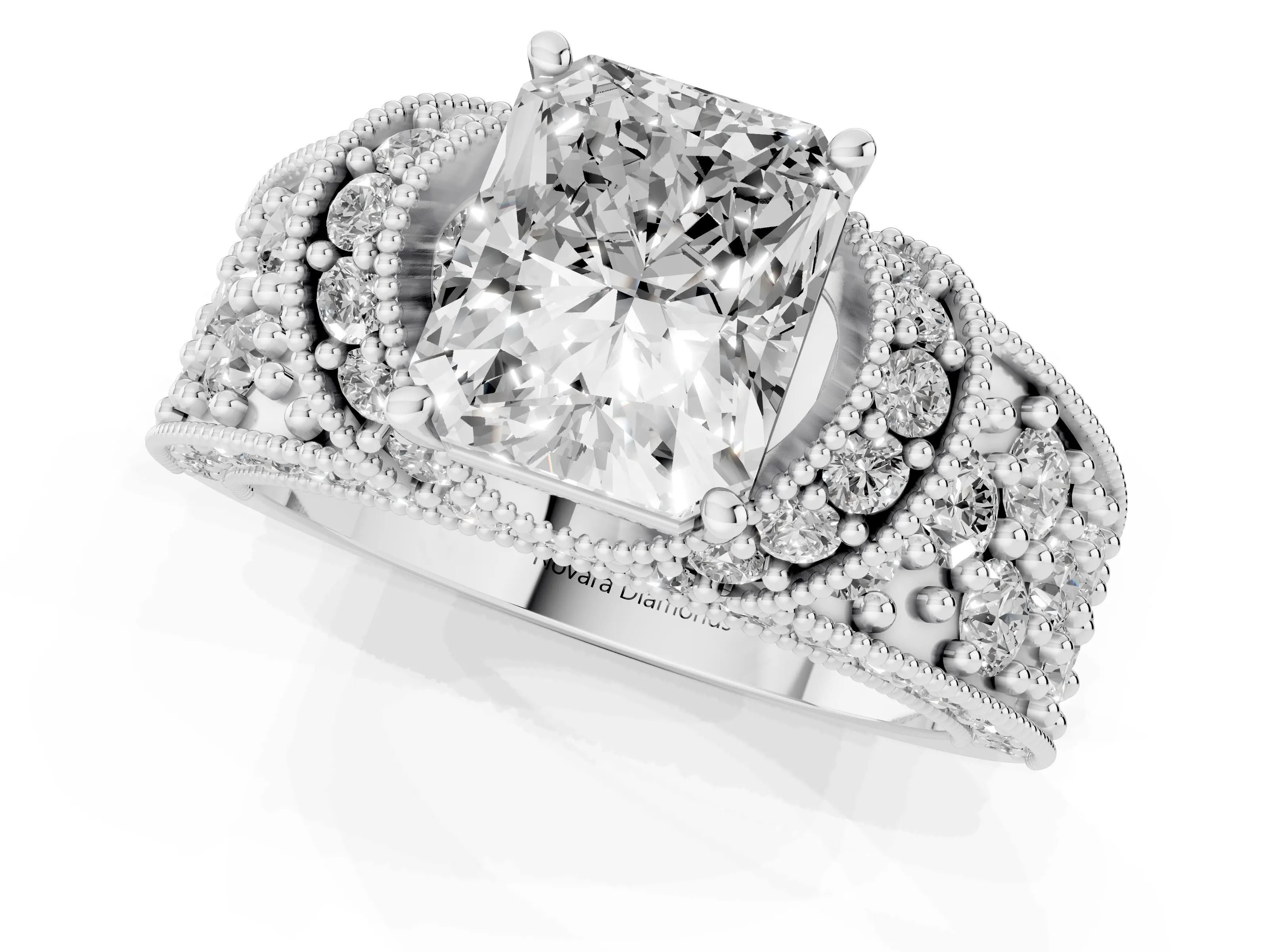 Radiant Cut Diamond Milgrain Halo Pavé Engagement Ring Set in Silver with Prong Setting