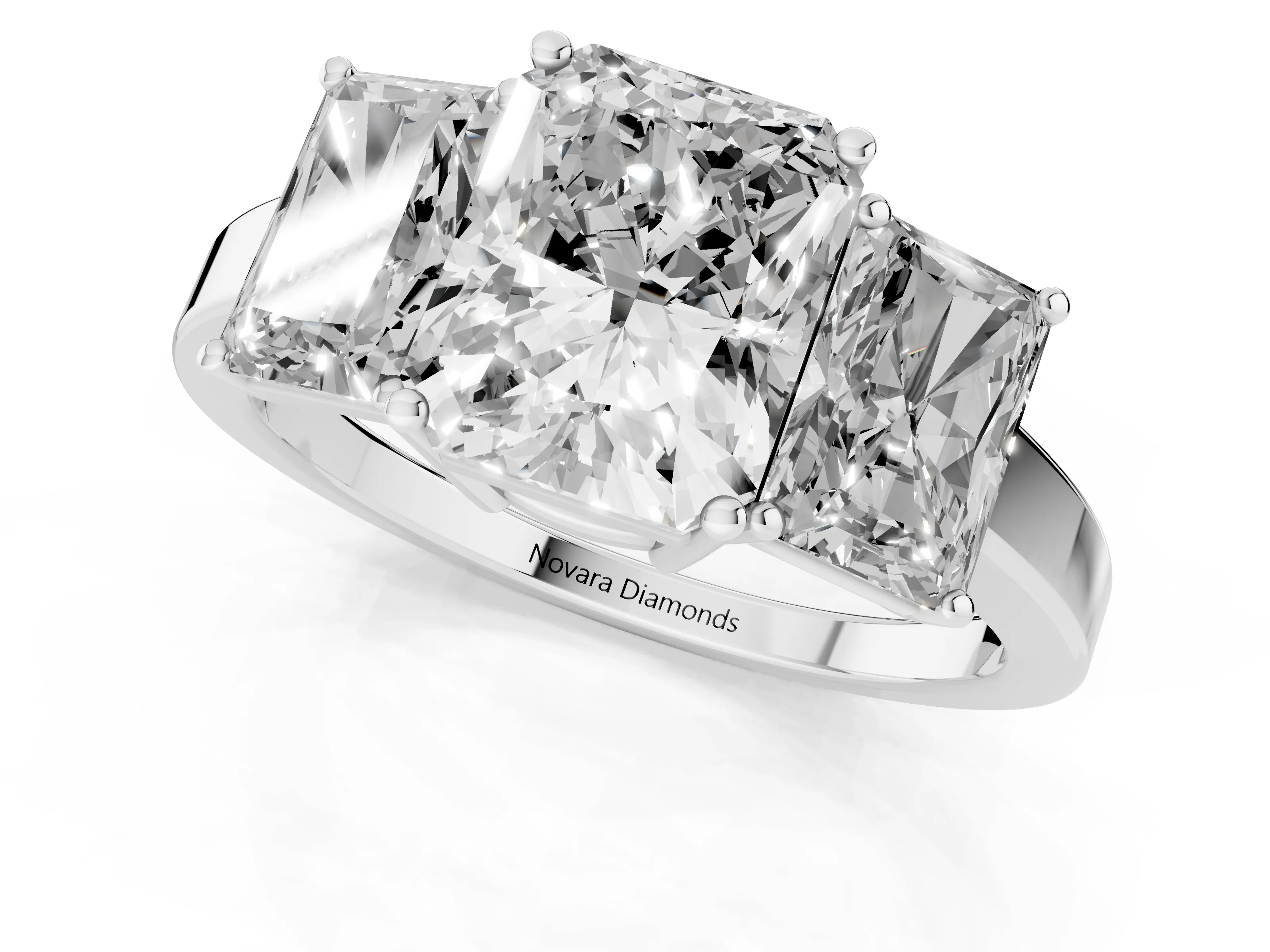 Radiant Cut Diamond Three-Stone Engagement Ring Set in White gold with Flat Band