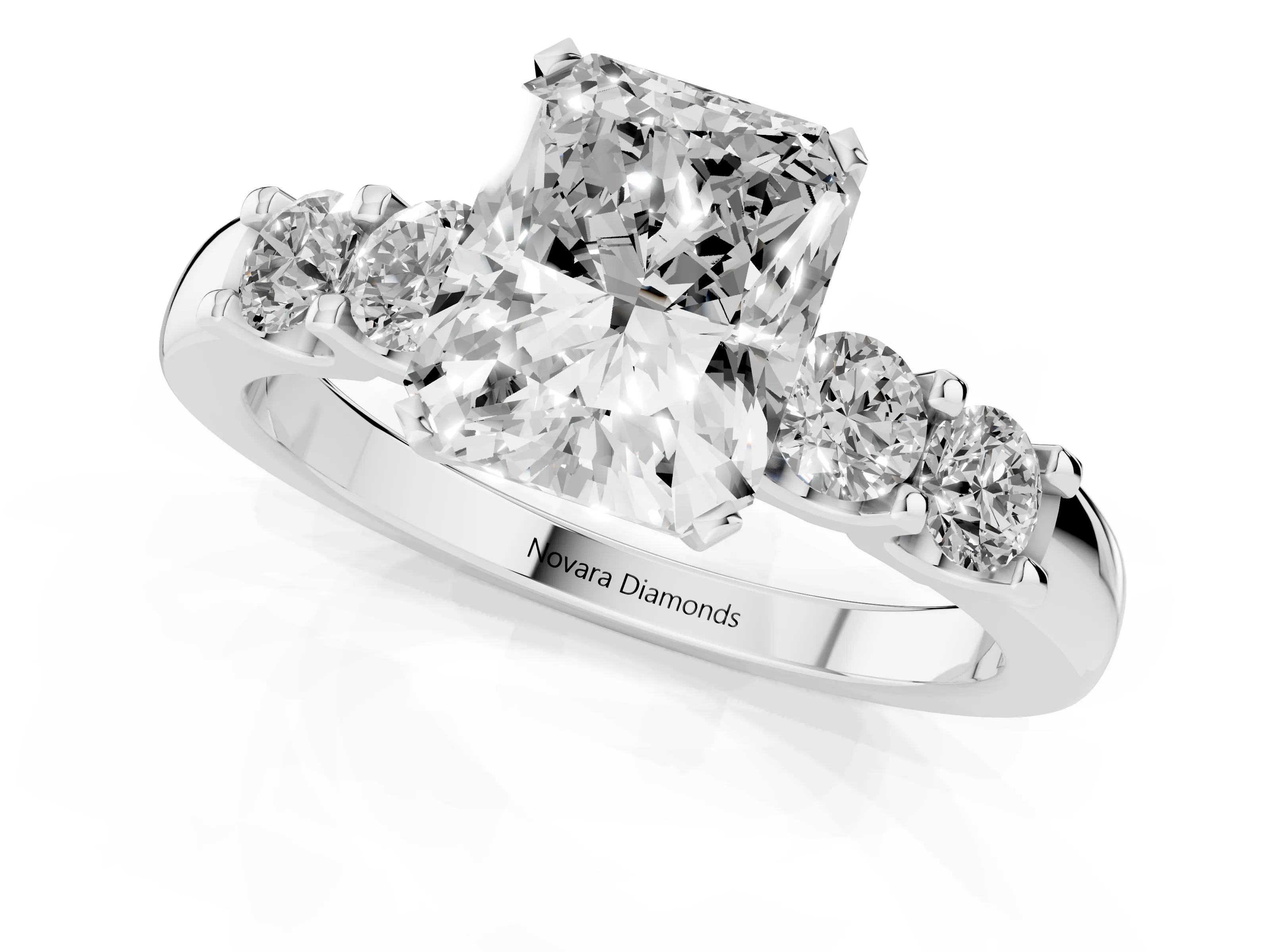 Radiant Cut Diamond Five-Stone Prong Set Engagement Ring Set in Platinum with Channel Band – second view