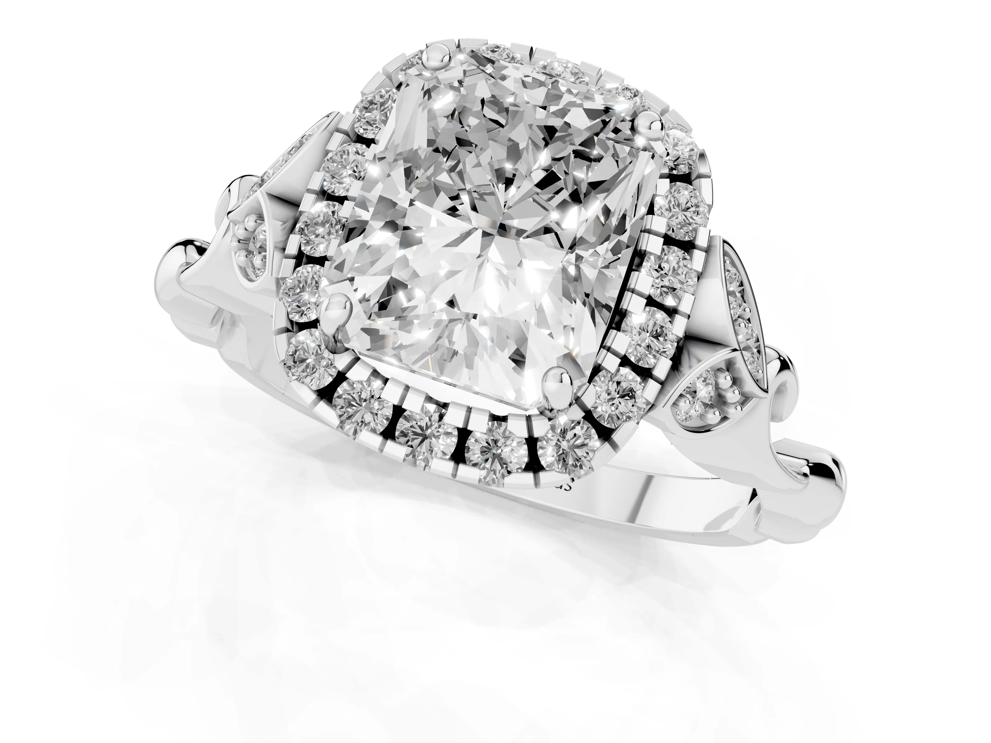 Radiant Cut Diamond Halo Engagement Ring Set in Platinum with Vintage-Inspired Band and Prong Setting