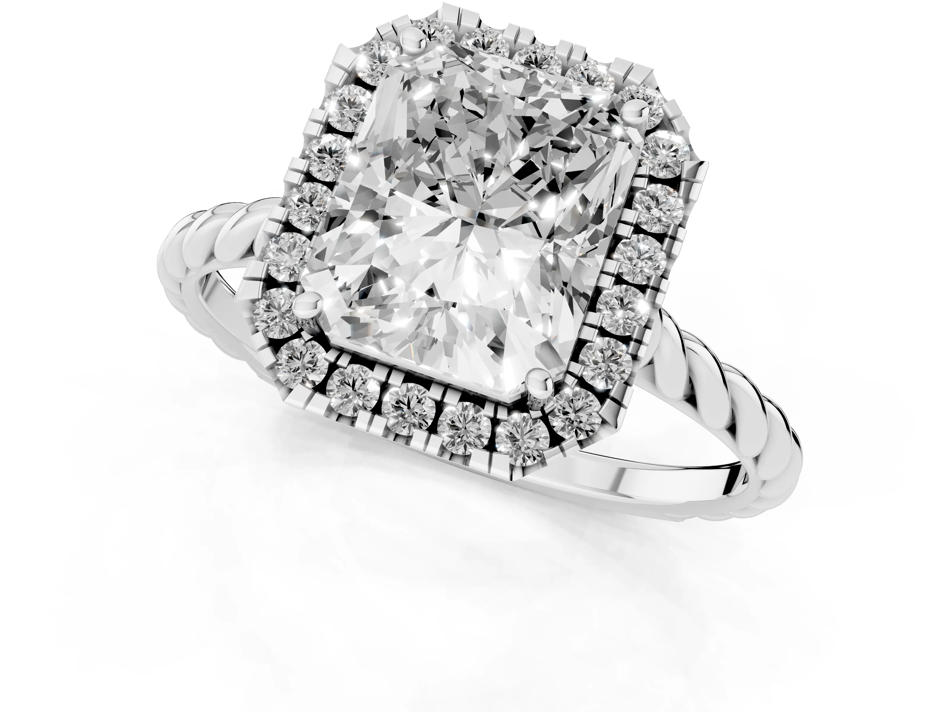 Radiant Cut Diamond Halo Ring Set in White gold with Plain Twisted Band