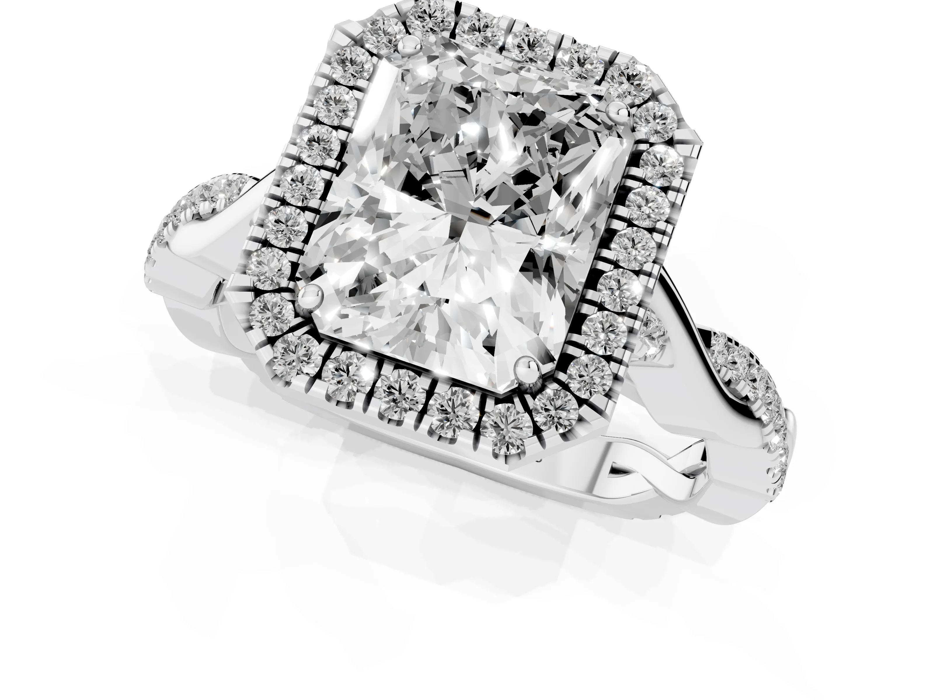 Radiant Cut Diamond Halo Twist Band Solitaire Ring Set in White gold with Prong Setting