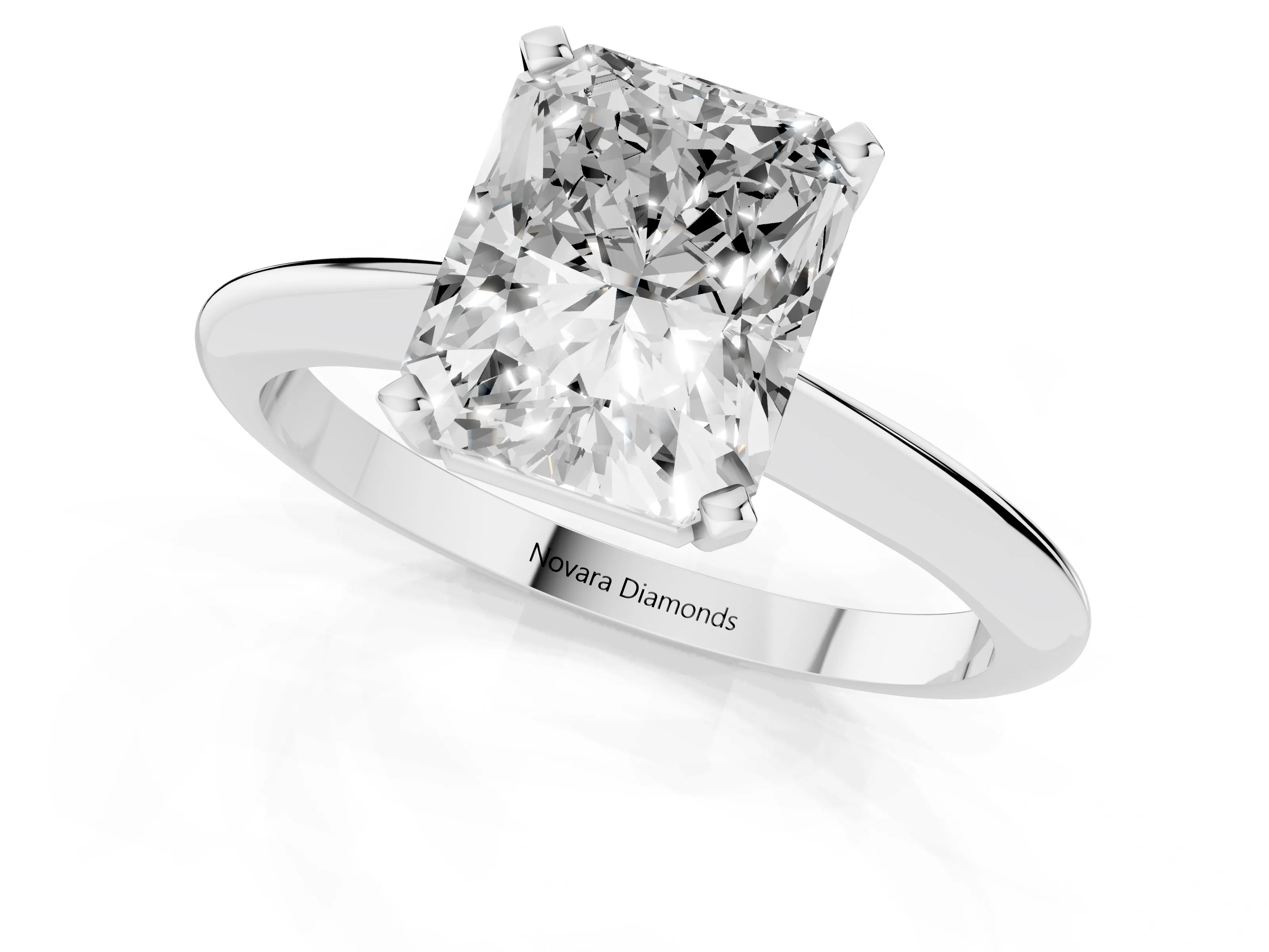 Radiant Cut Diamond Solitaire Ring Set in White gold with Prong Setting on a Plain Round Band – second view