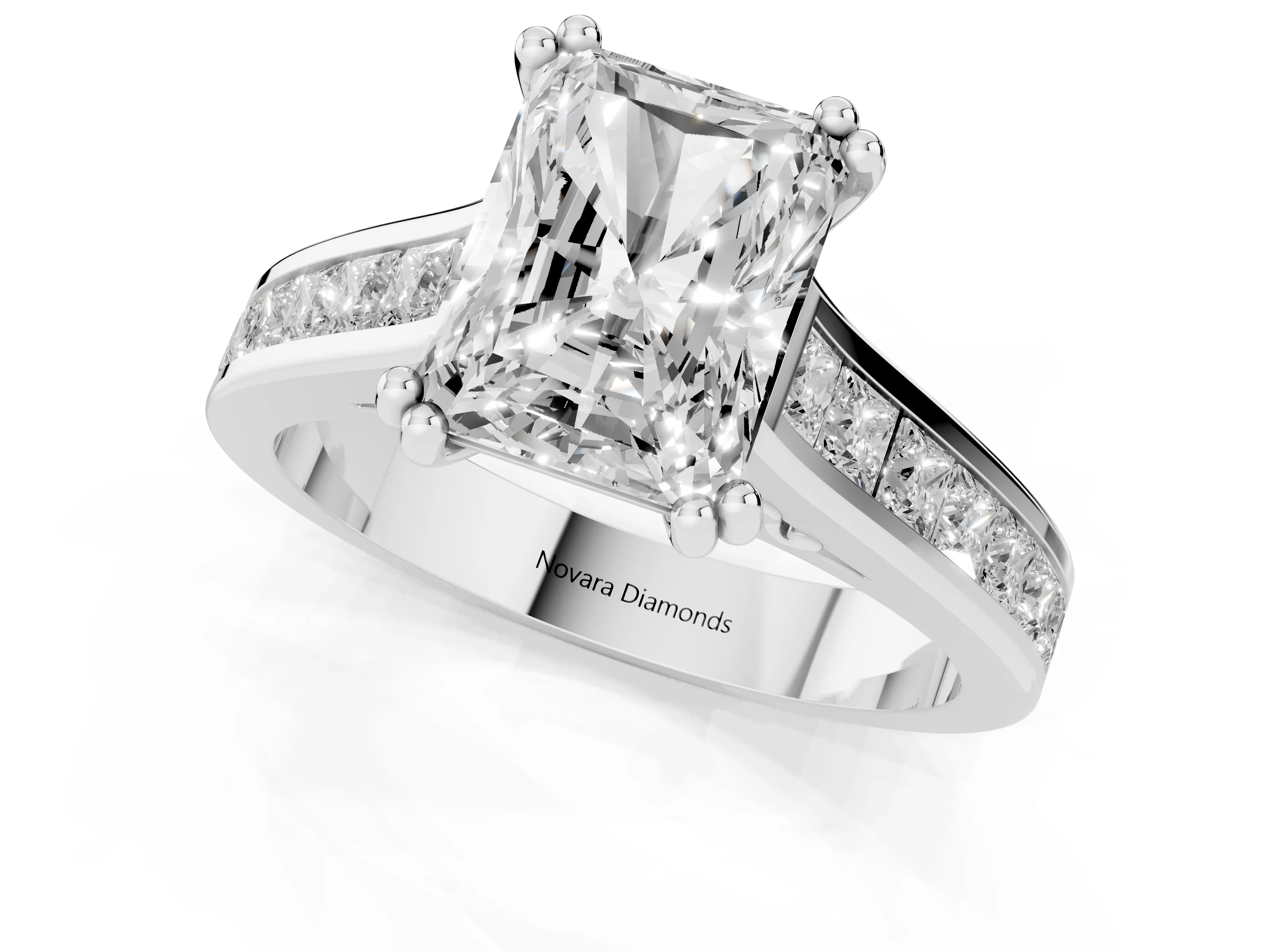 Radiant Cut Diamond Channel Set Solitaire Engagement Ring Set in White gold with Prong Setting