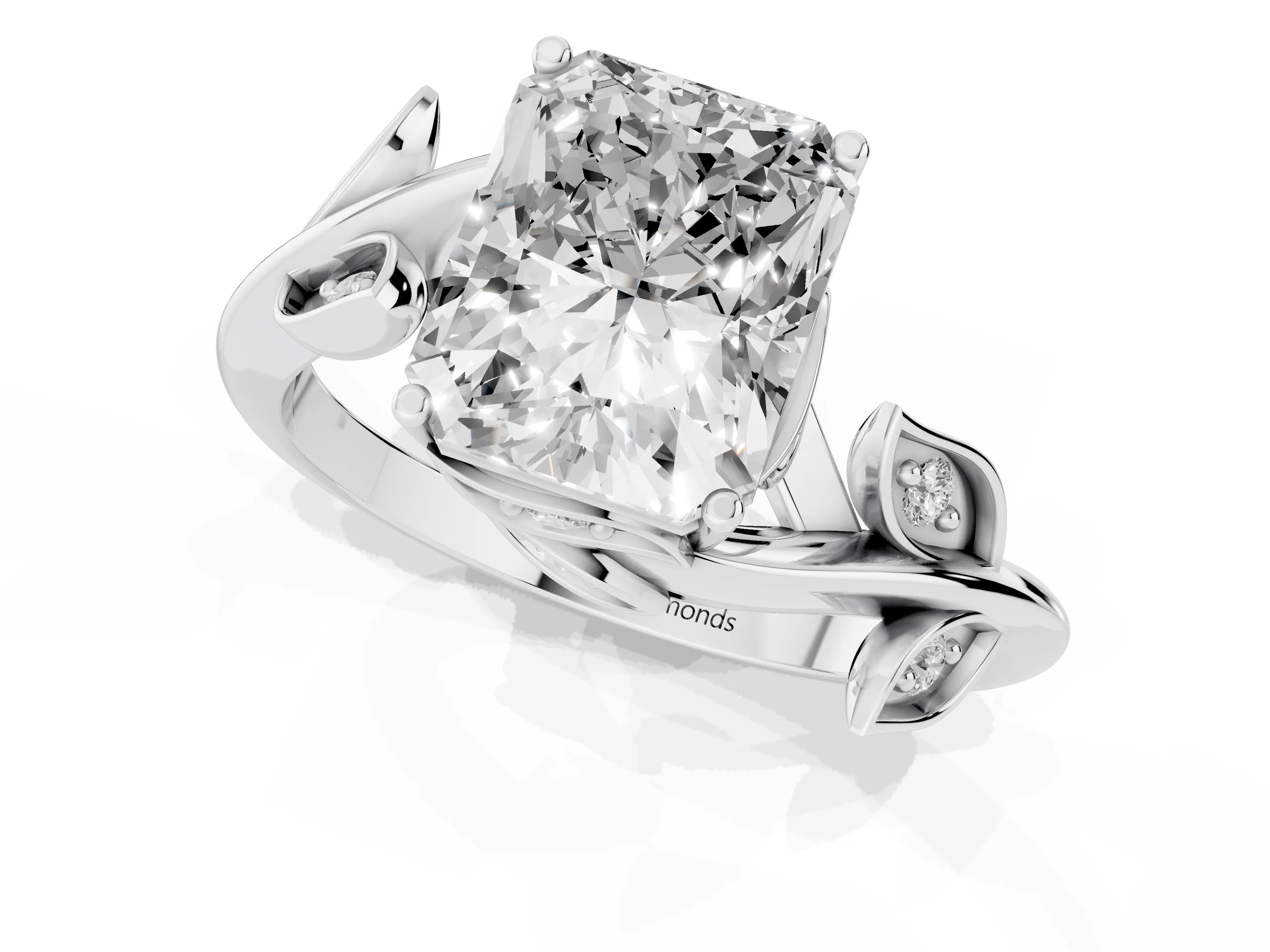 Radiant Cut Diamond Solitaire Twist Engagement Ring Set in White gold with Pavé Leaf Accents – second view