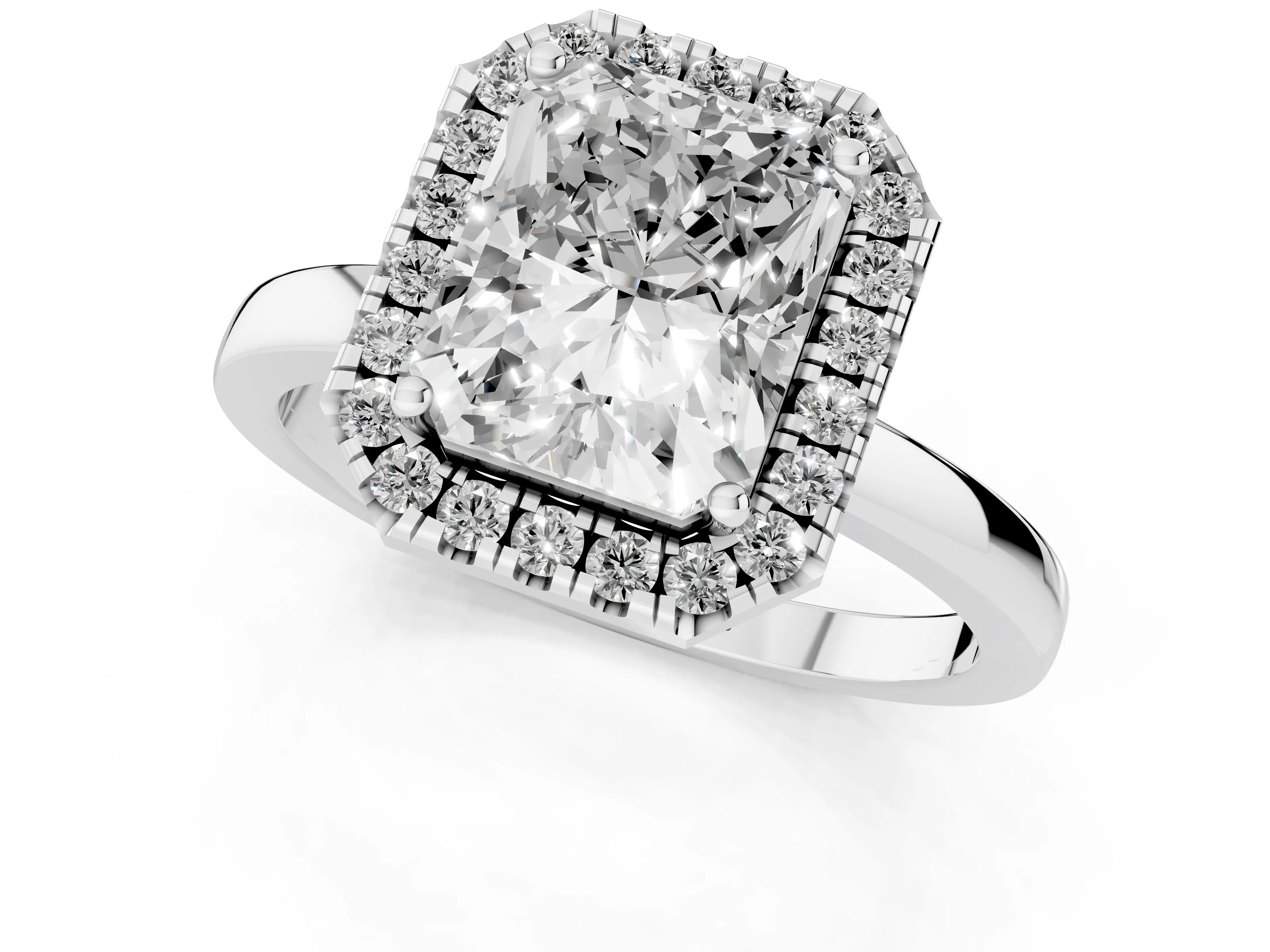 Radiant Cut Diamond Halo Solitaire Ring Set in Platinum with Pavé Band and Prong Setting